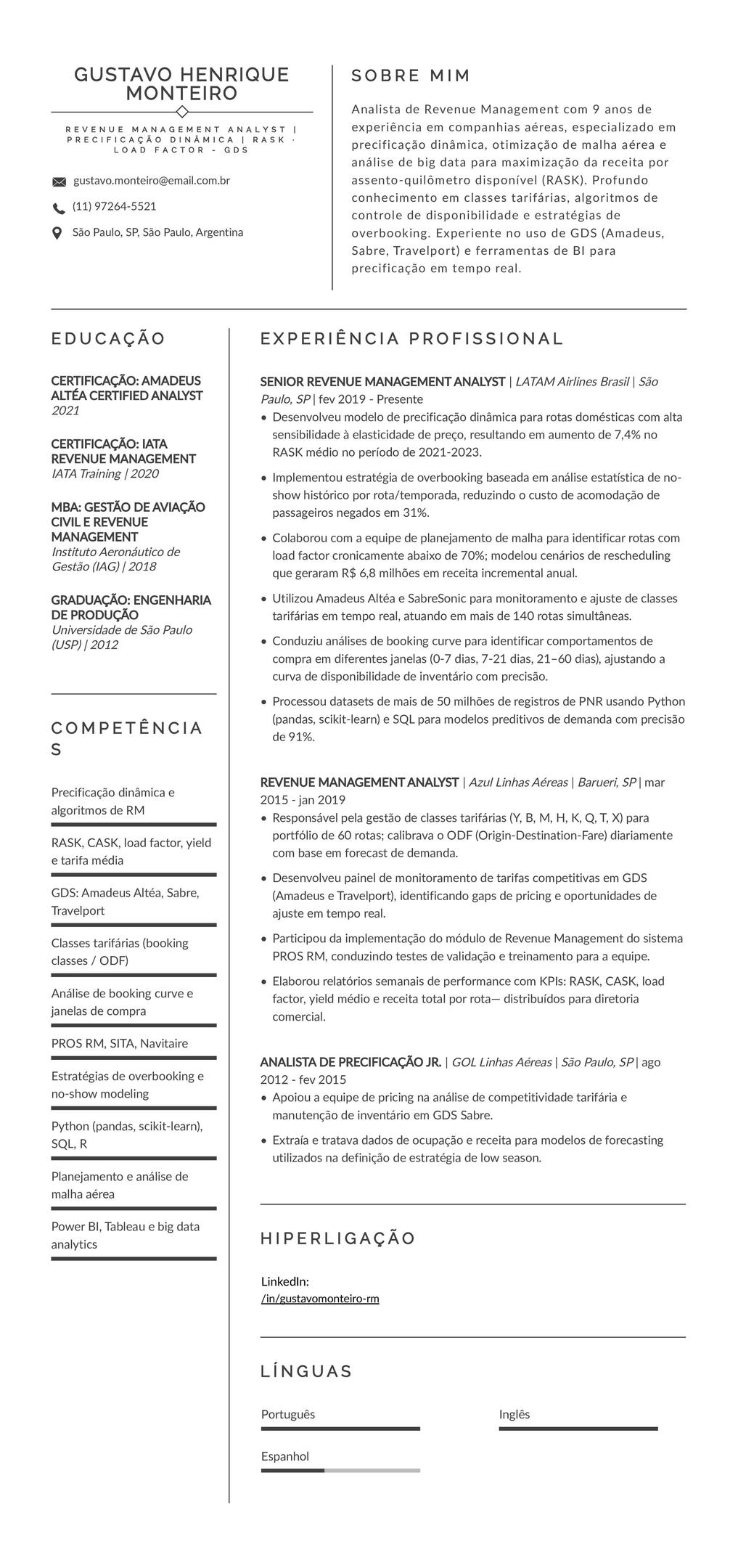 Modelo de CV de gerente de ciclo de receita de companhia aérea (RM analyst)