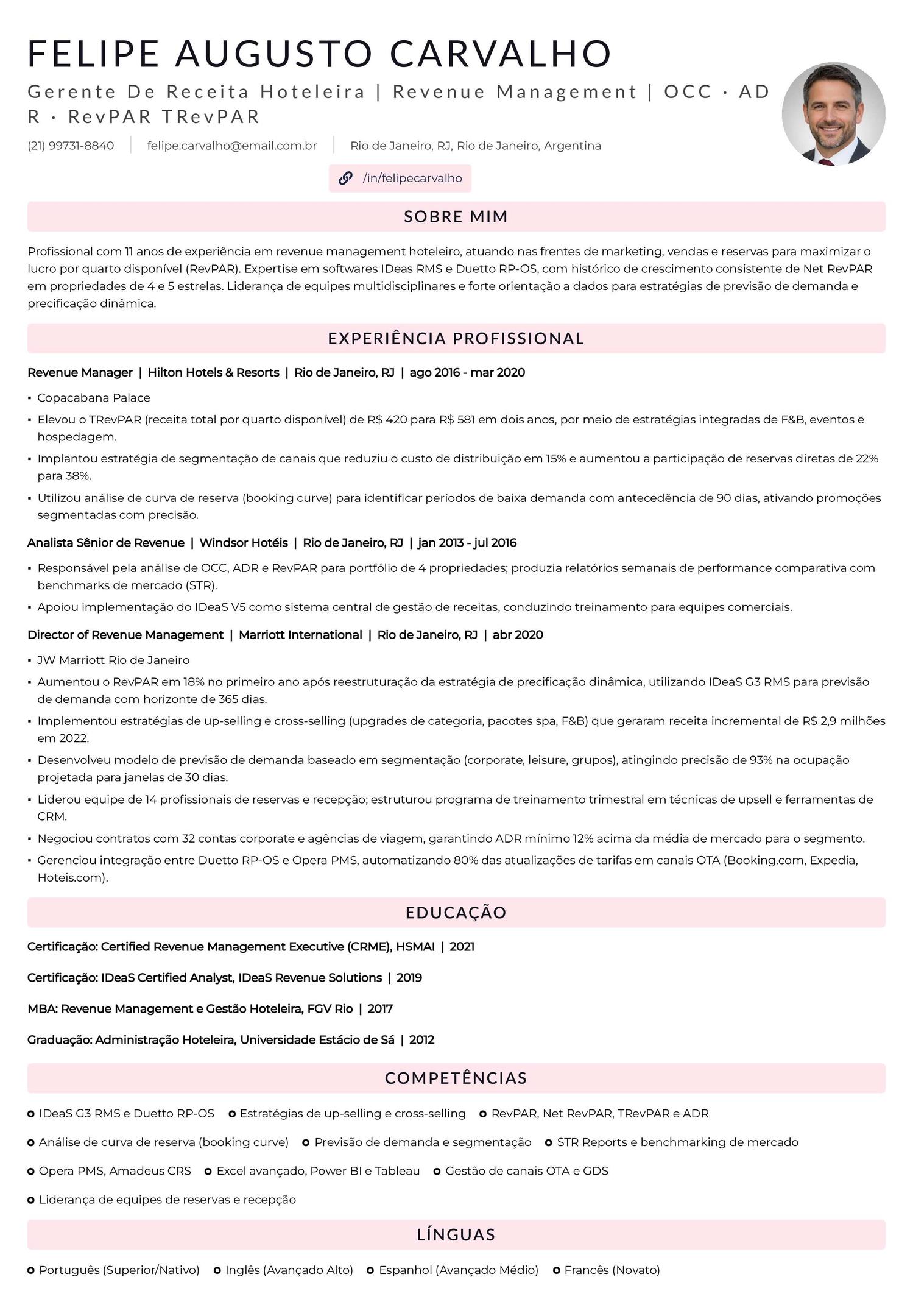Exemplo de currículo para gerente de receita hoteleira