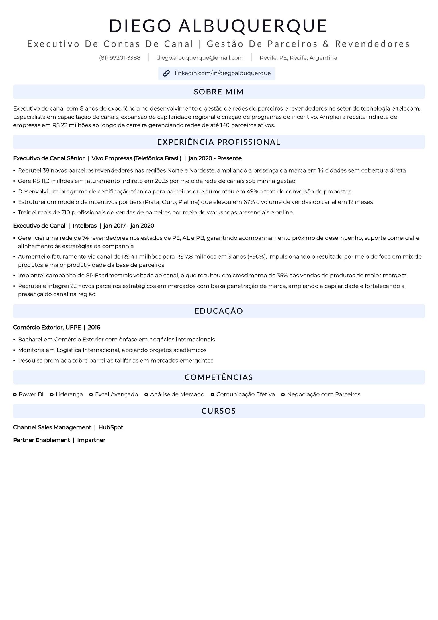 Exemplo de CV de executivo de contas de canal