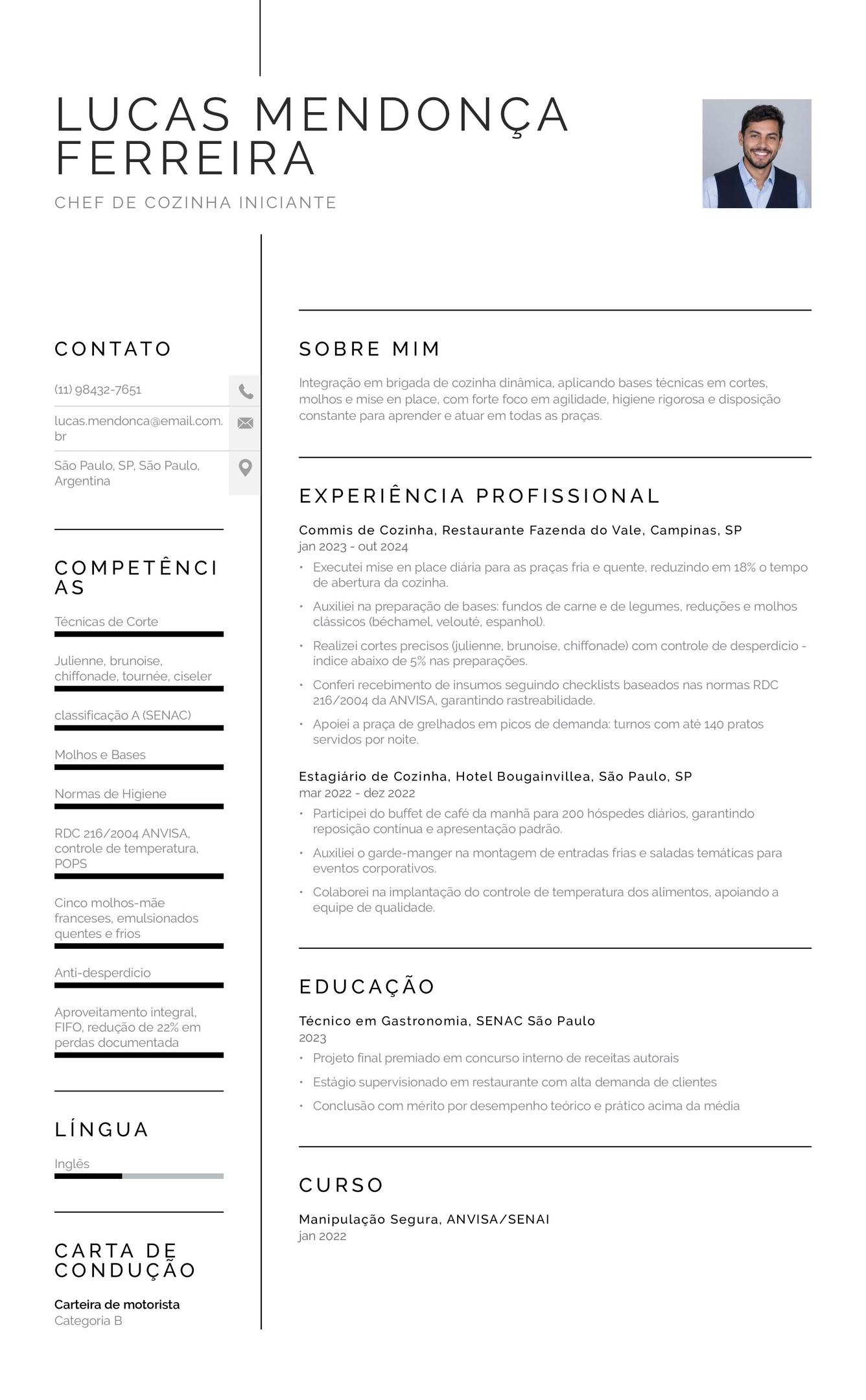 Exemplo de currículo de chef de cozinha iniciante