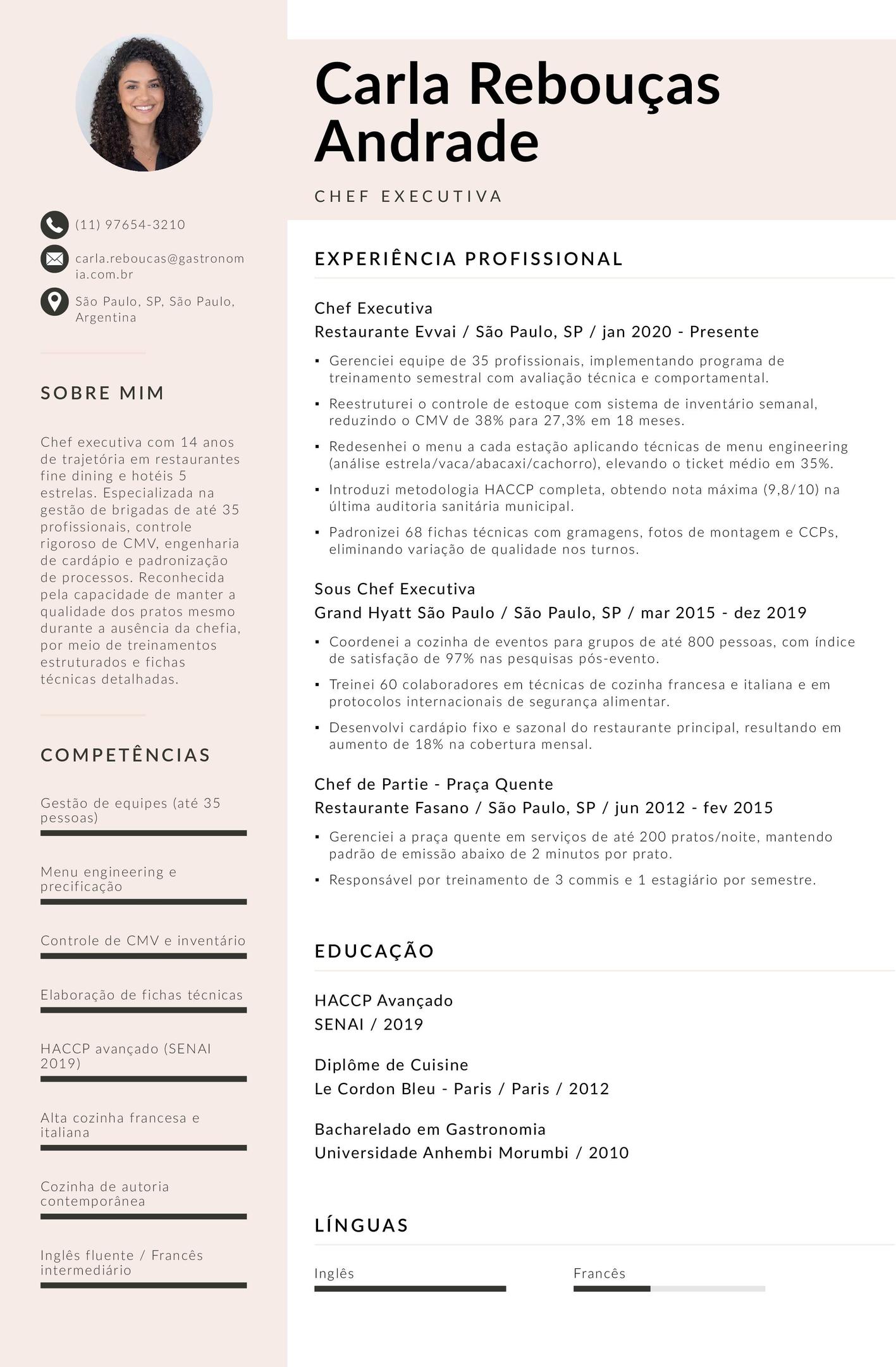Exemplo de CV chef de cozinha executivo (experiente)