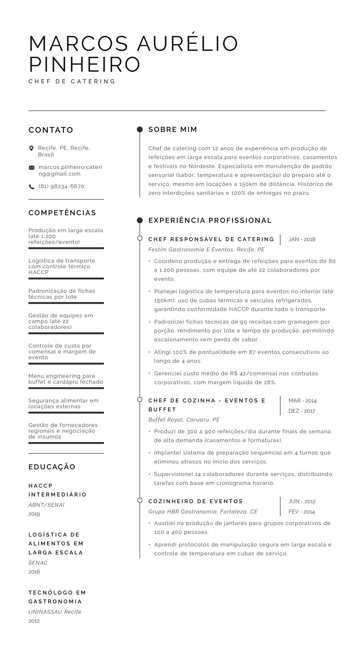 Exemplo de CV de chef de catering