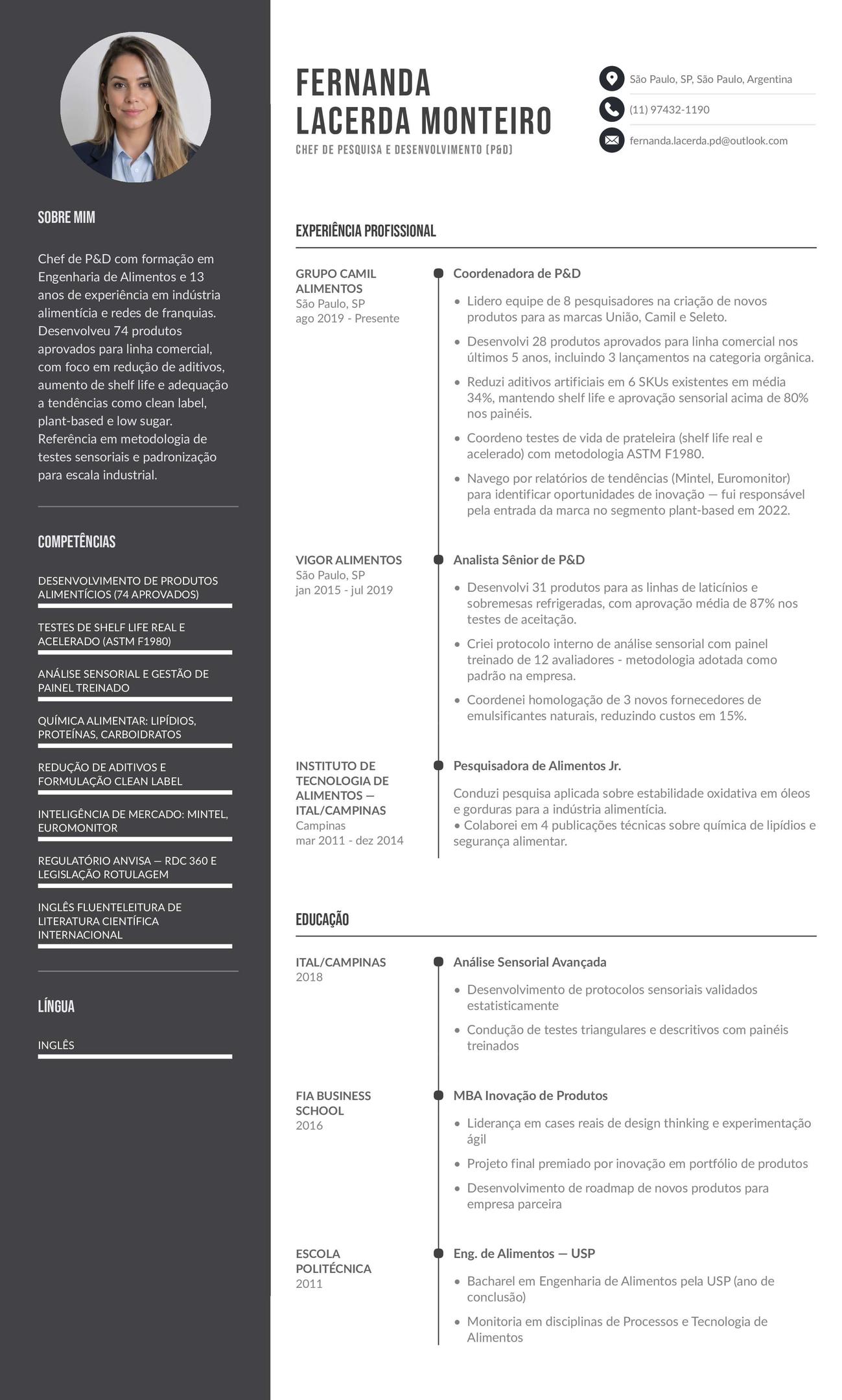Exemplo de currículo de chef de pesquisa e desenvolvimento (chef de P&D)