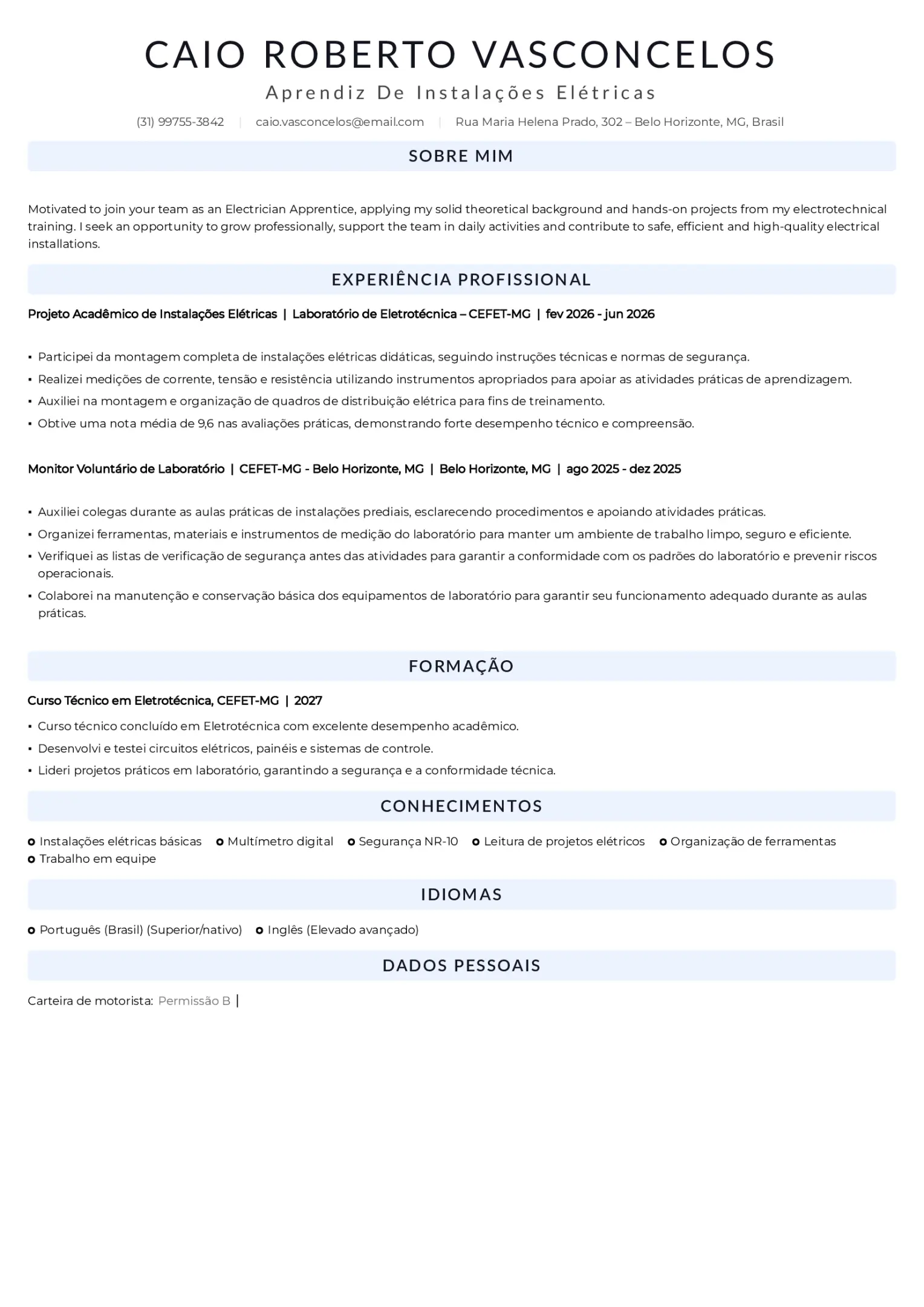 Exemplo de currículo de aprendiz de eletricista em formação