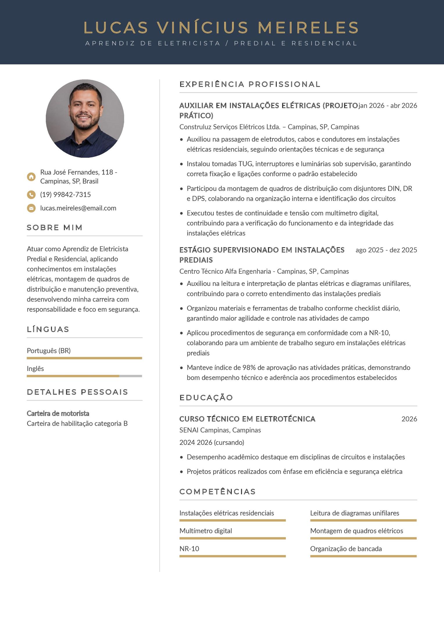 Exemplo de currículo de aprendiz de eletricista predial e residencial
