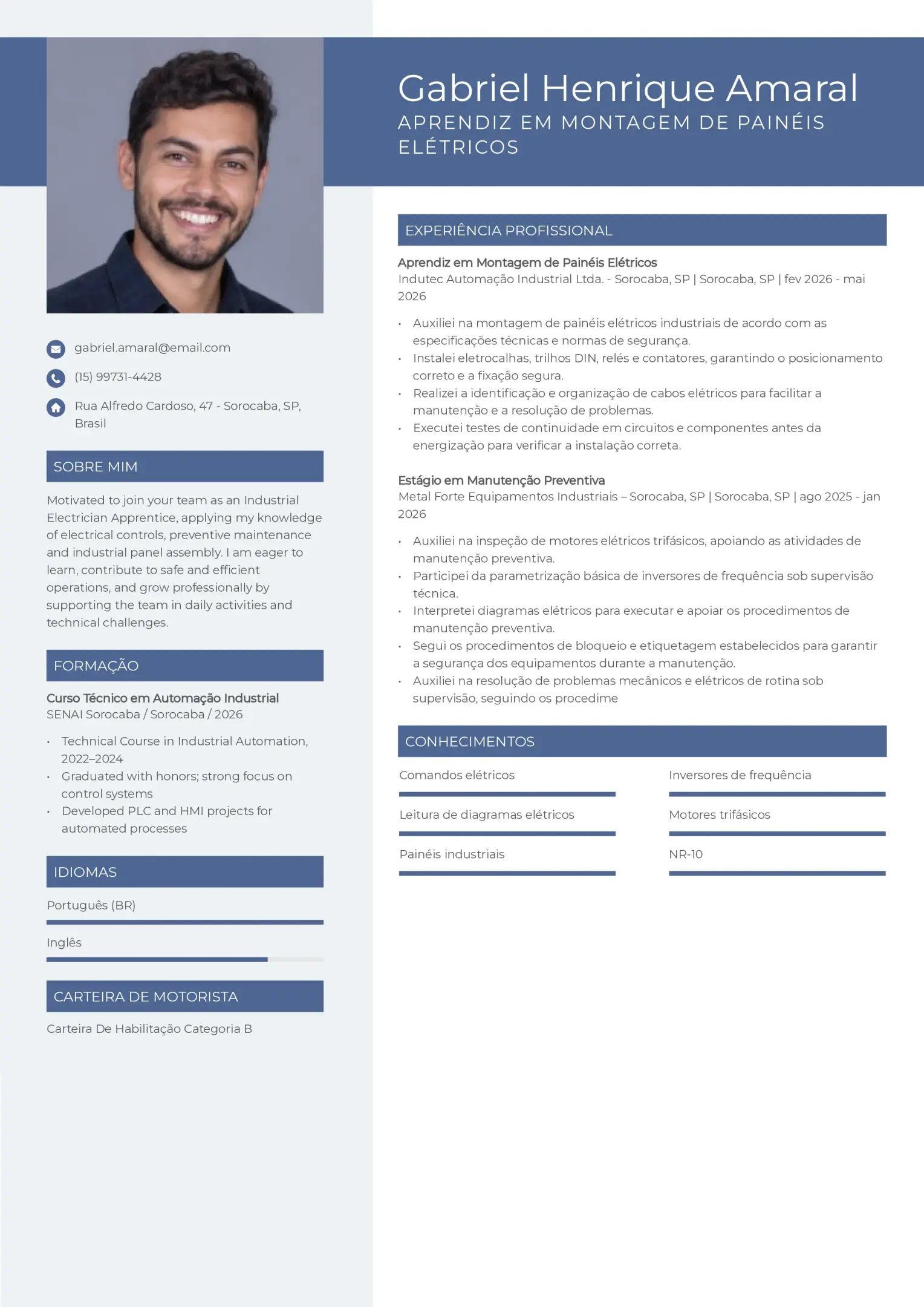 Exemplo de currículo de aprendiz de eletricista industrial e eletricista de manutenção preventiva