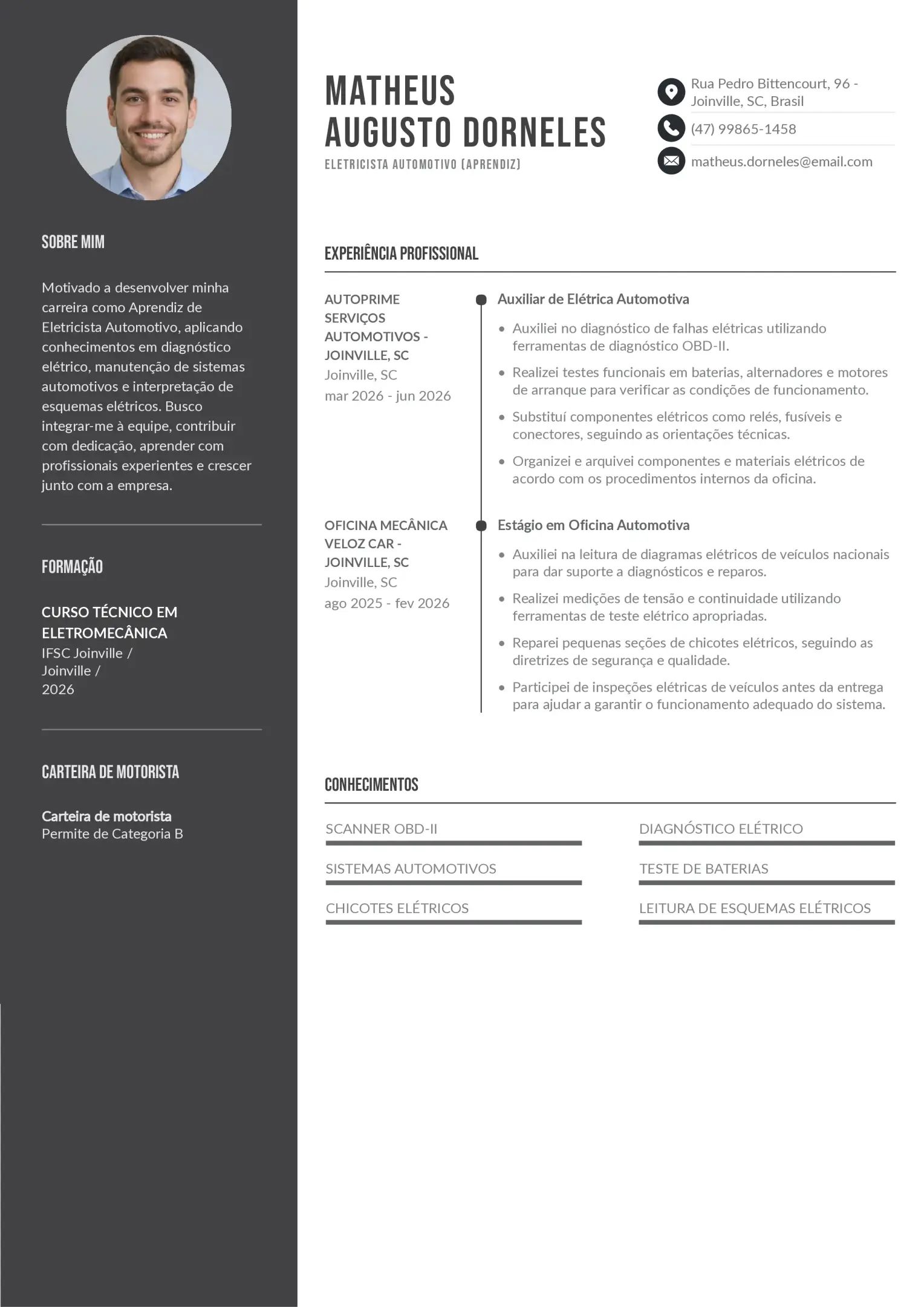 Exemplo de currículo de aprendiz de eletricista automotivo