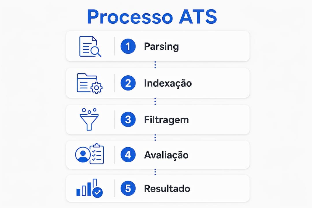 Infográfico explicando como funciona a análise de currículos por sistemas automatizados (ATS)