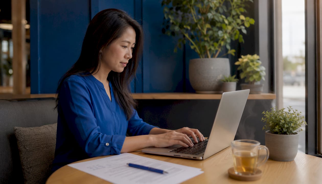 Mulher ajustando os últimos detalhes do currículo no computador, enquanto trabalha no escritório.