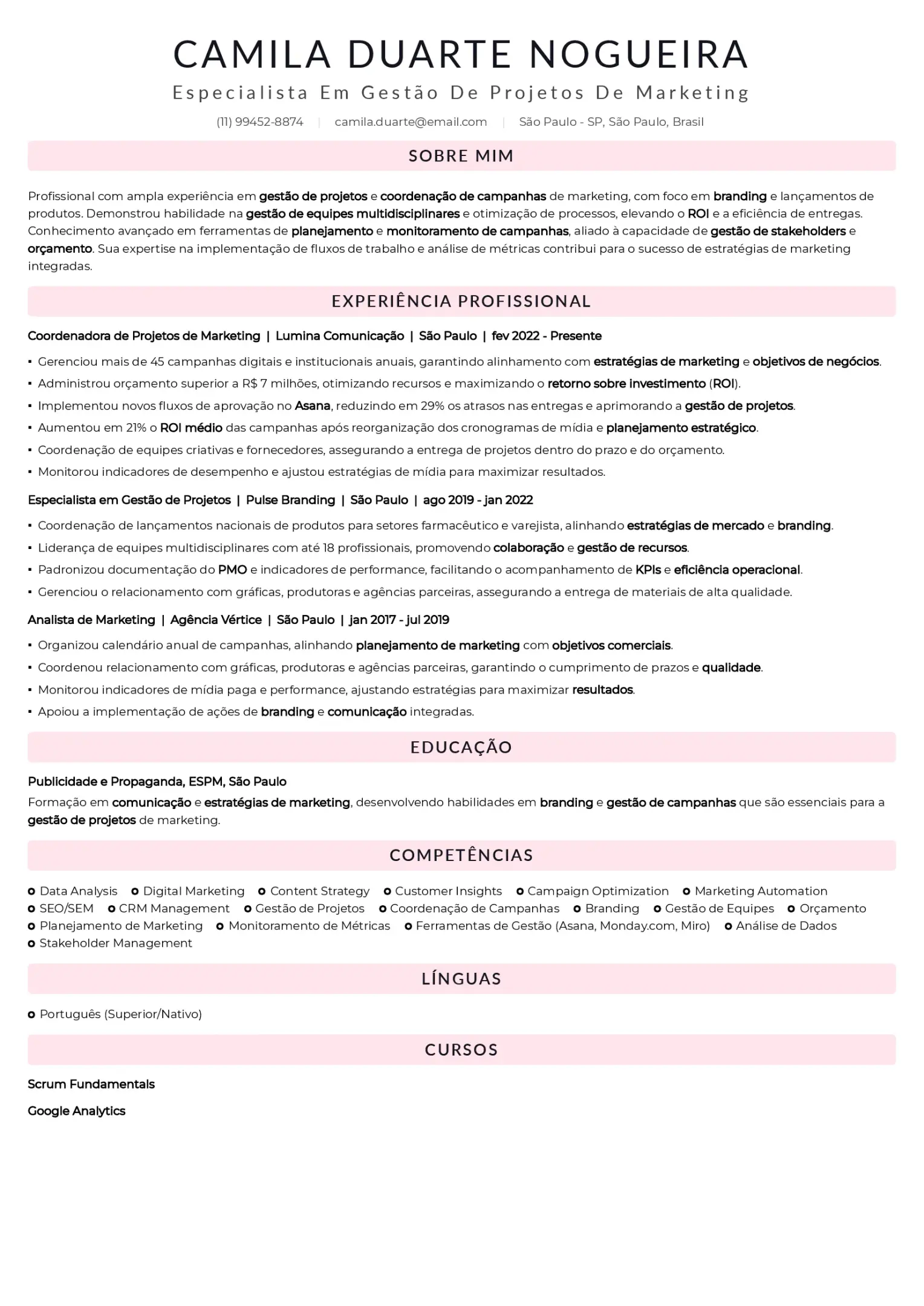Exemplo de CV de coordenador de projeto de marketing e comunicação
