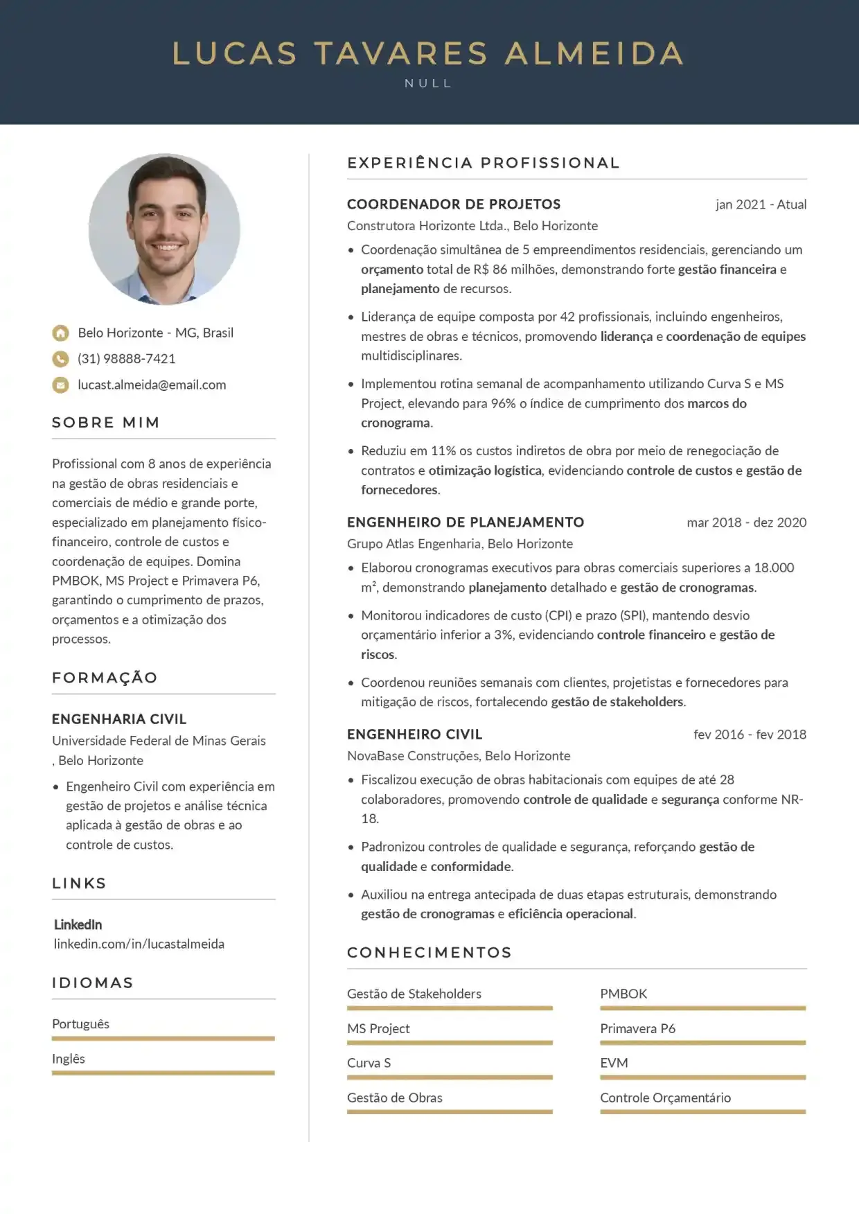 Exemplo de currículo de coordenador de projeto de engenharia