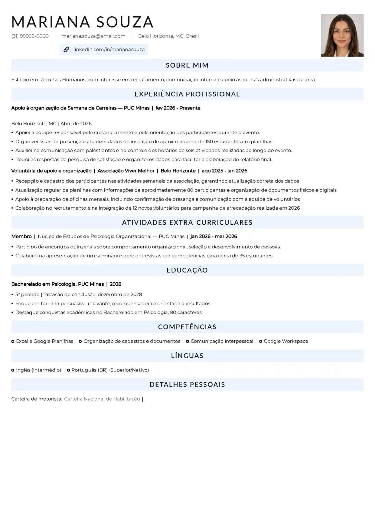 Exemplo de currículo de estudante com trabalho voluntário