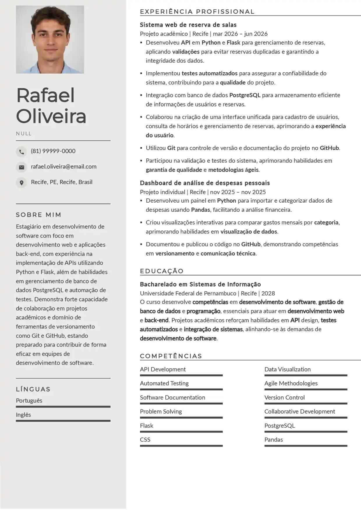 Exemplo de currículo de estudante com projetos acadêmicos