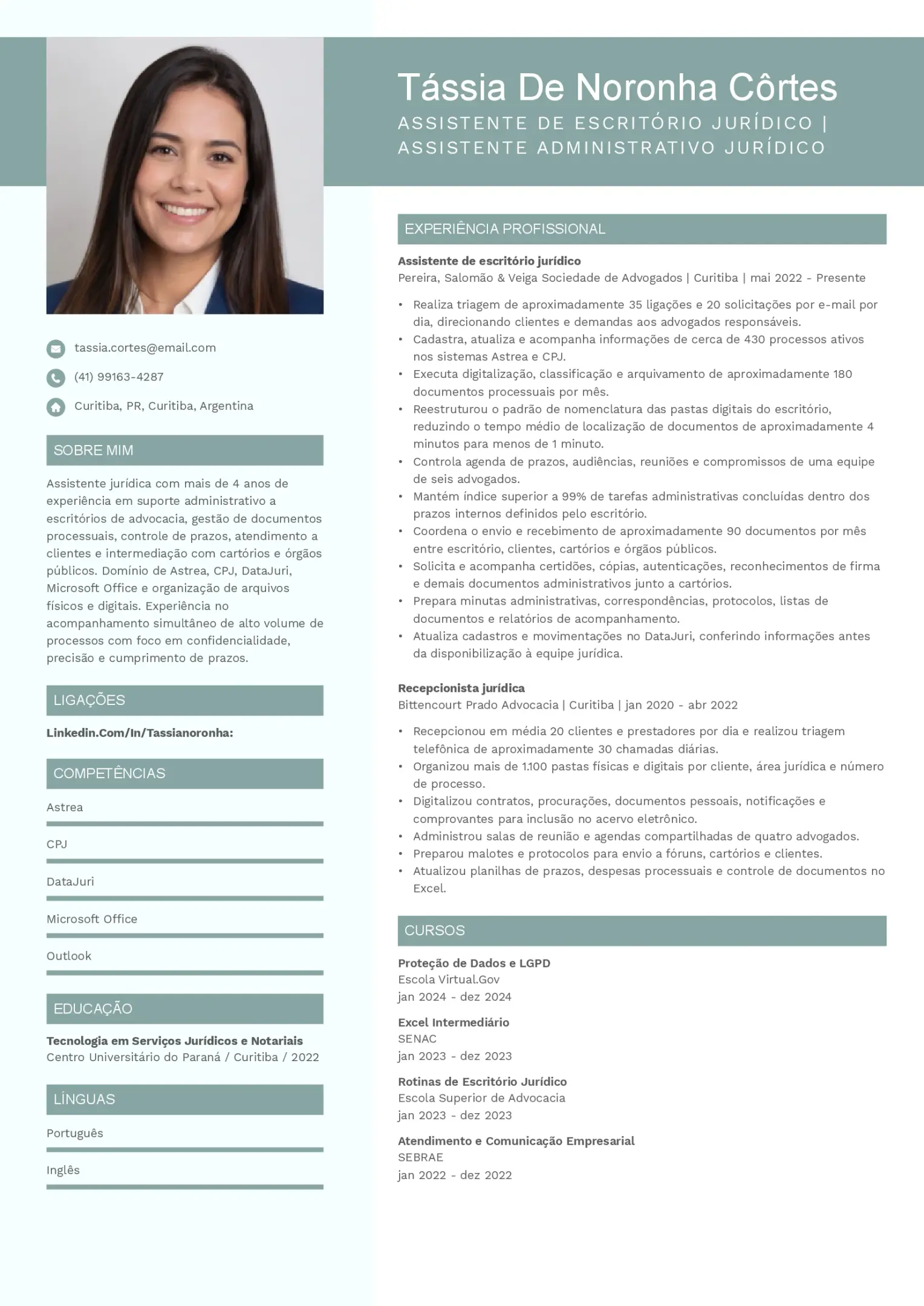 Modelo de currículo de assistente de escritório jurídico