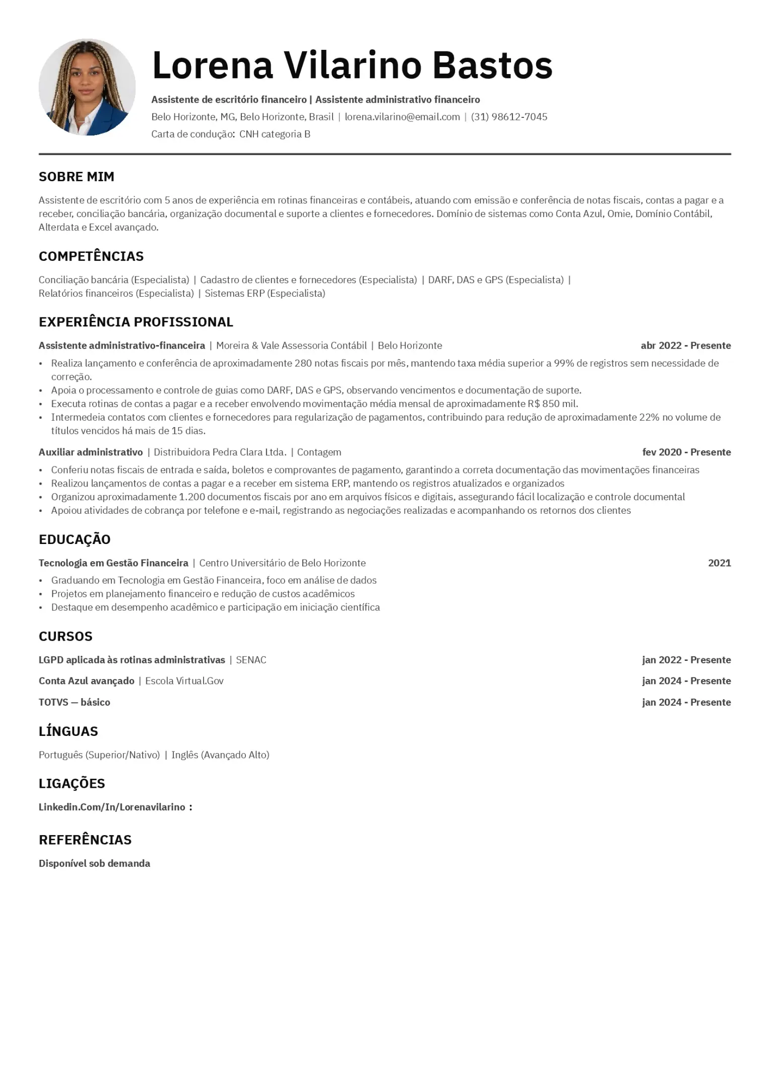 Exemplo de CV de assistente de escritório de contabilidade/financeiro