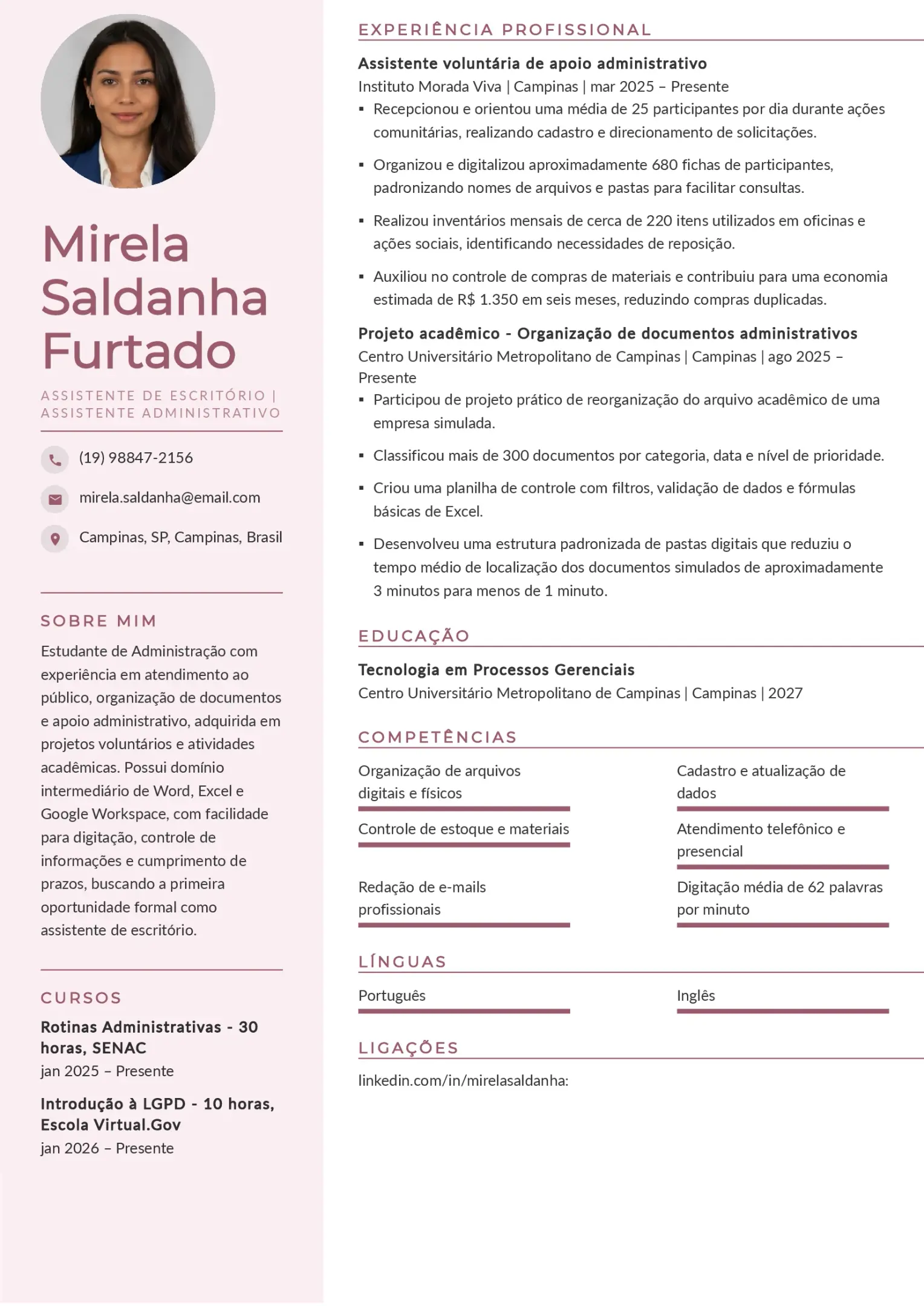 Exemplo de currículo de assistente de escritório para primeiro emprego ou transição de carreira