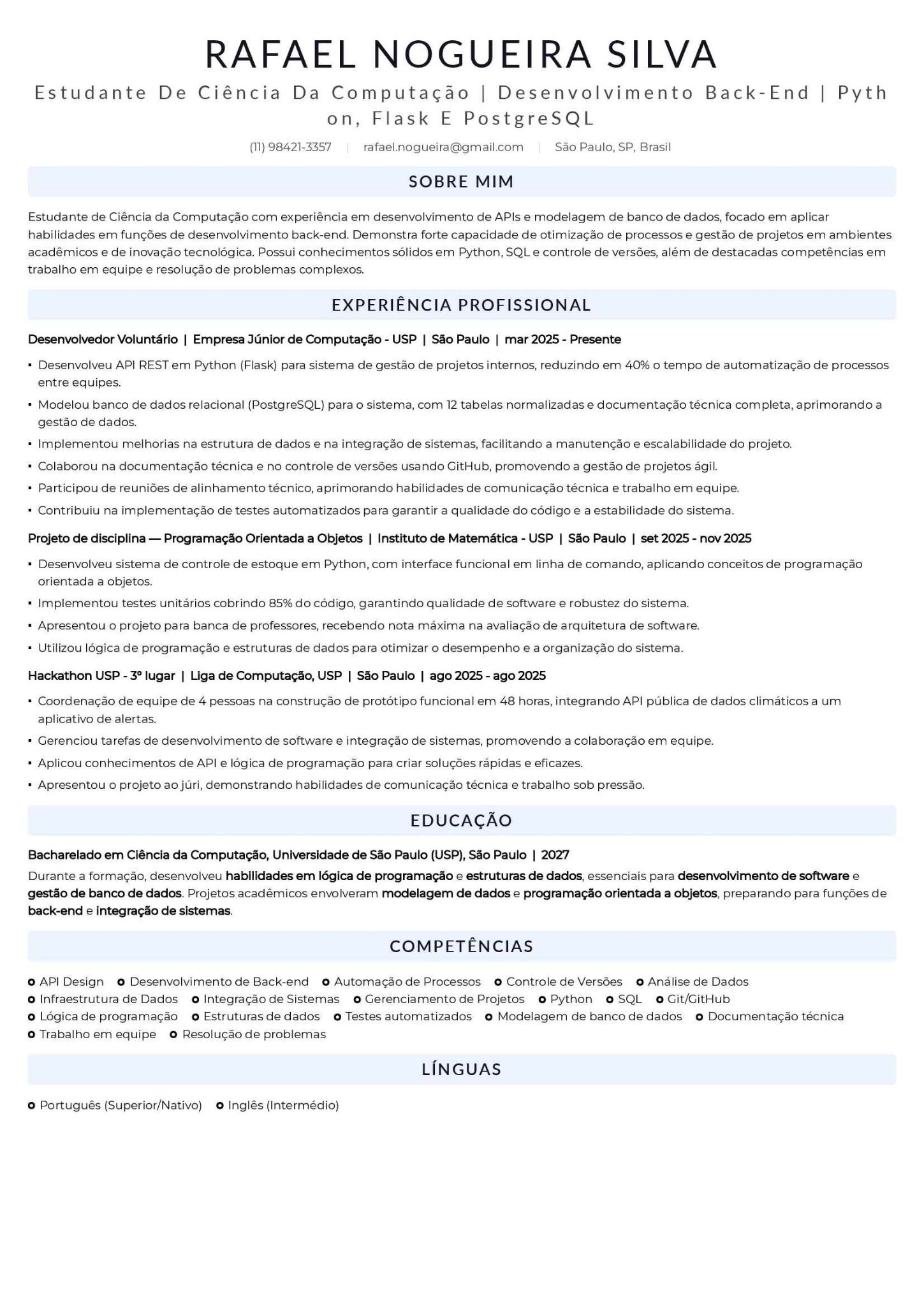 Currículo para Estágio Técnico (Engenharia/TI)