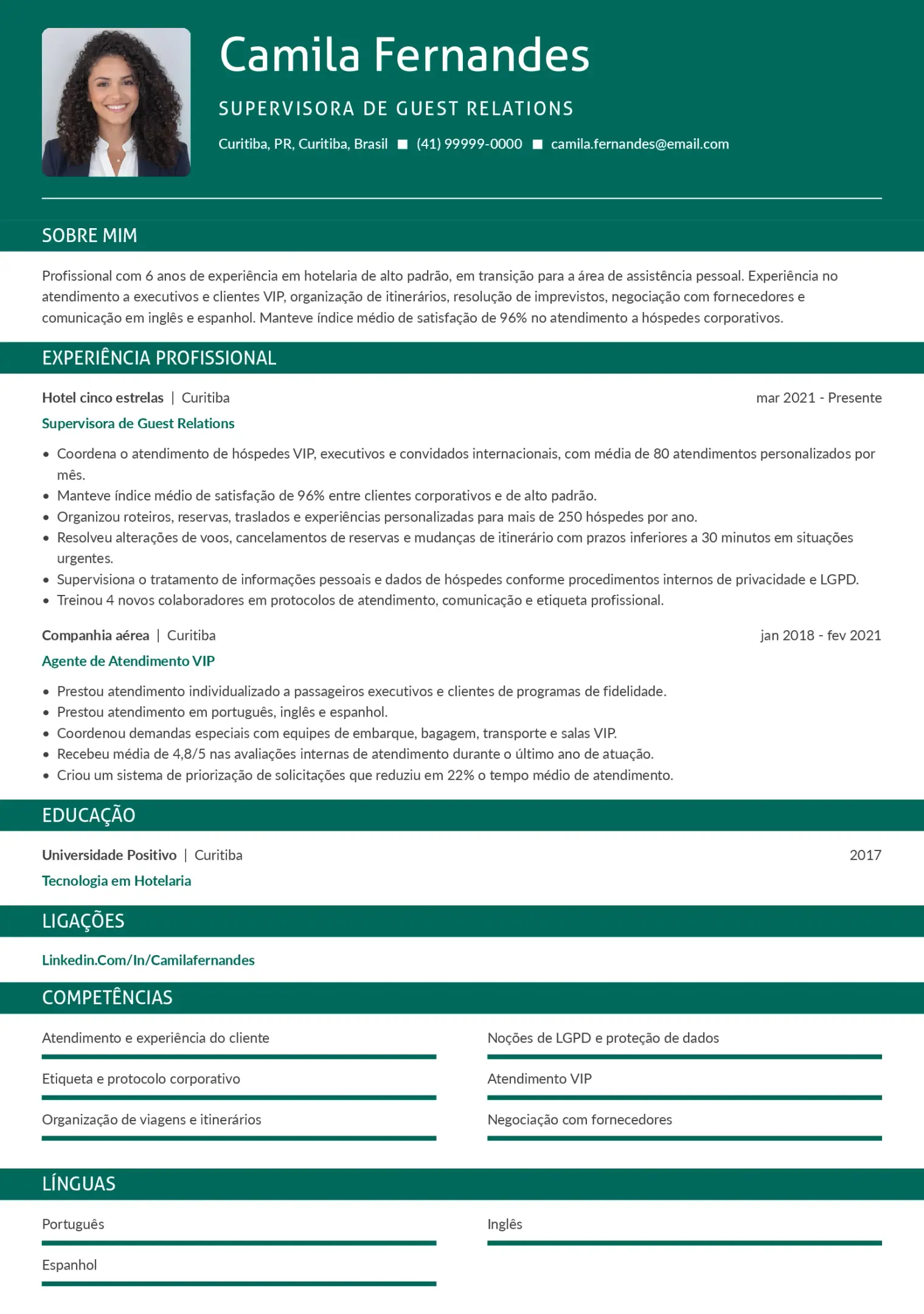 Modelo de CV de assistente pessoal em transição de carreira