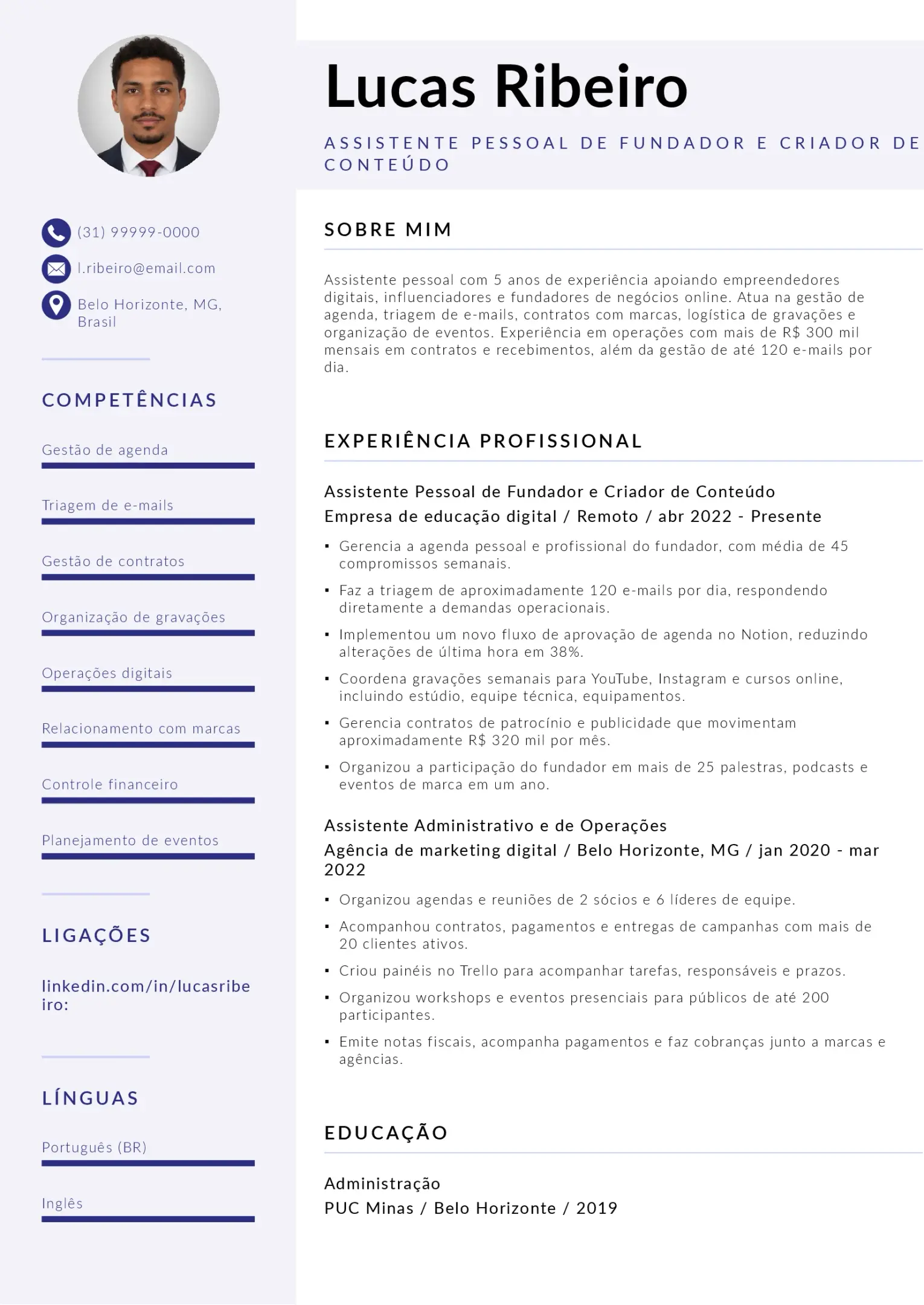Exemplo de currículo de assistente pessoal para criadores de conteúdo ou empreendedores digitais