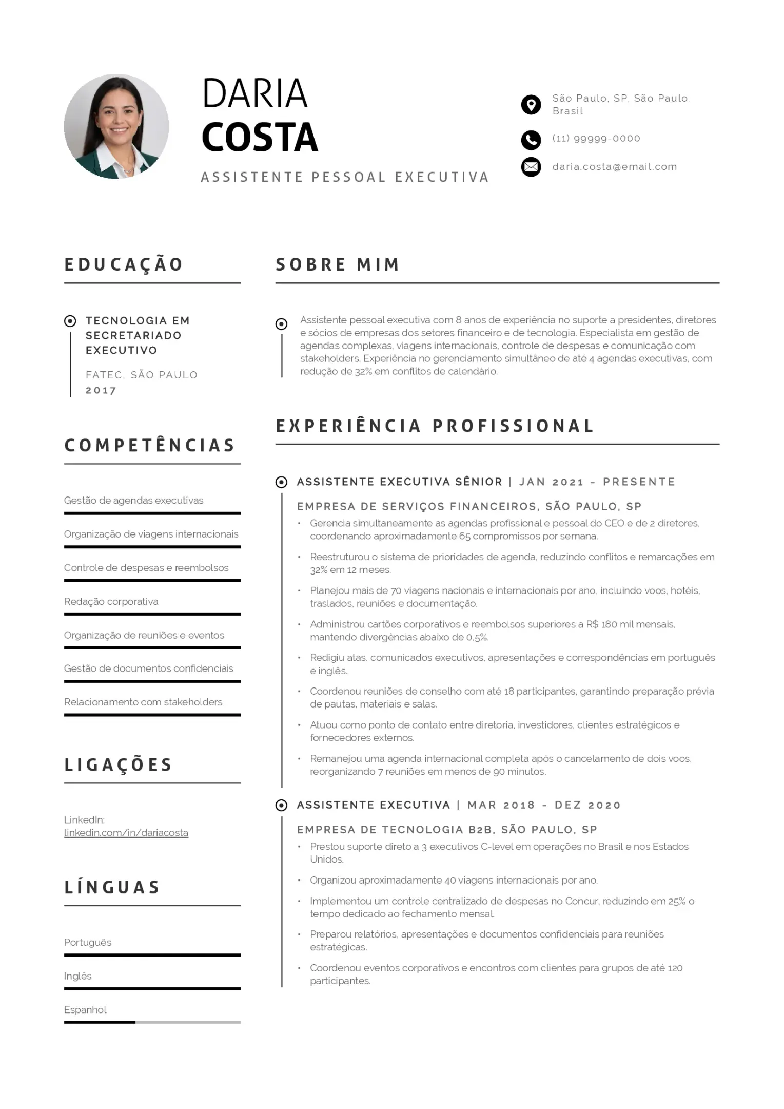 Exemplo de CV de assistente pessoal executivo