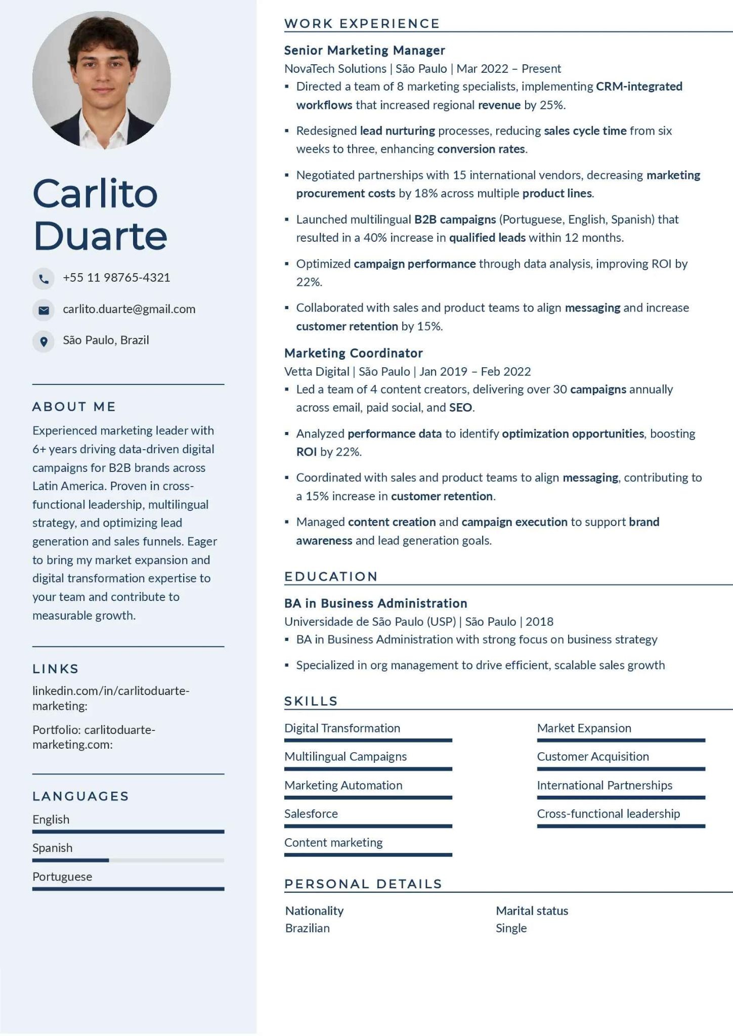 Exemplo de currículo em inglês para profissional experiente em marketing