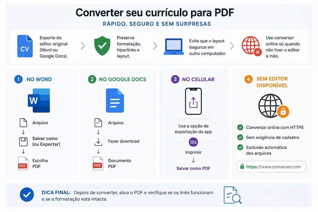 Mãos utilizando o celular para salvar o currículo em PDF
