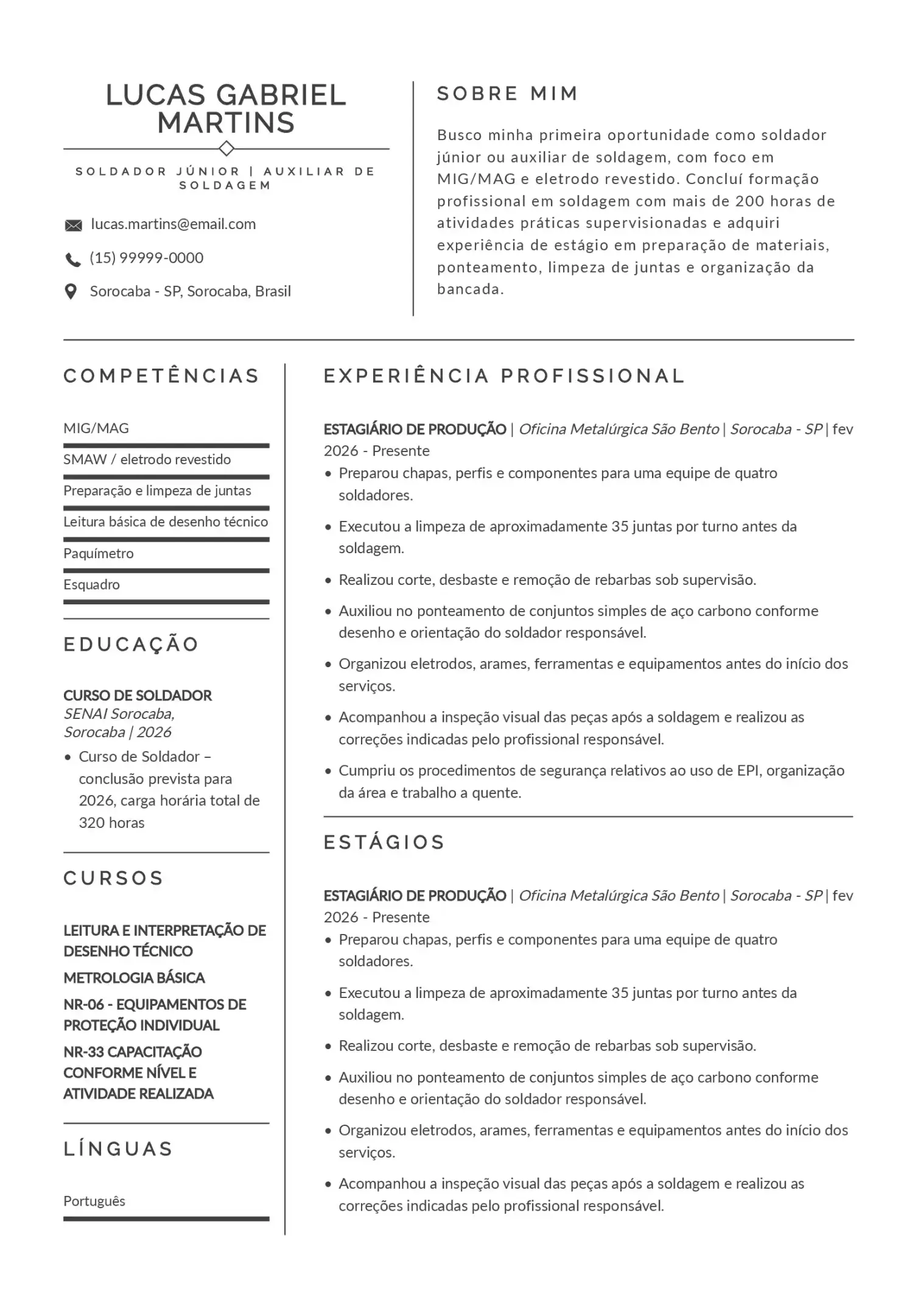 Exemplo de CV de soldador aprendiz