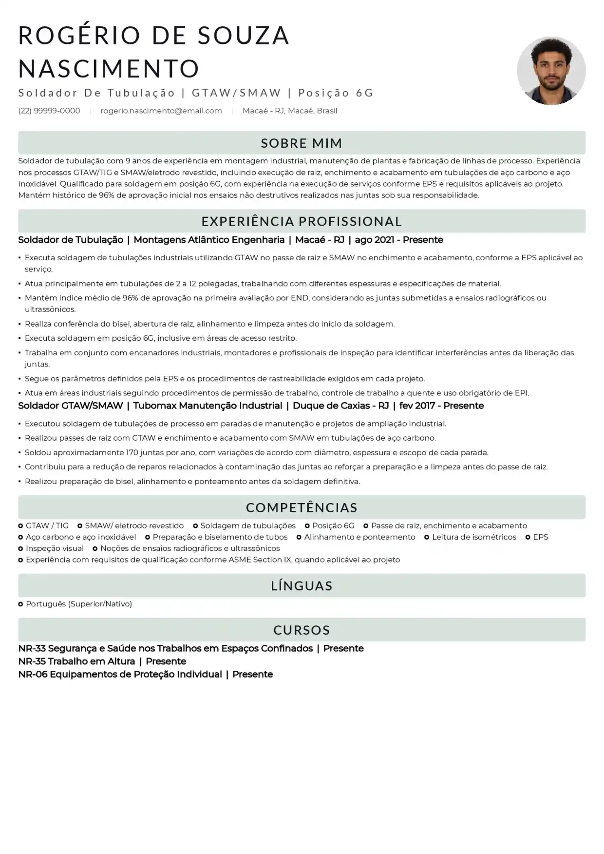 Exemplo de currículo de soldador de tubulação de alta pressão