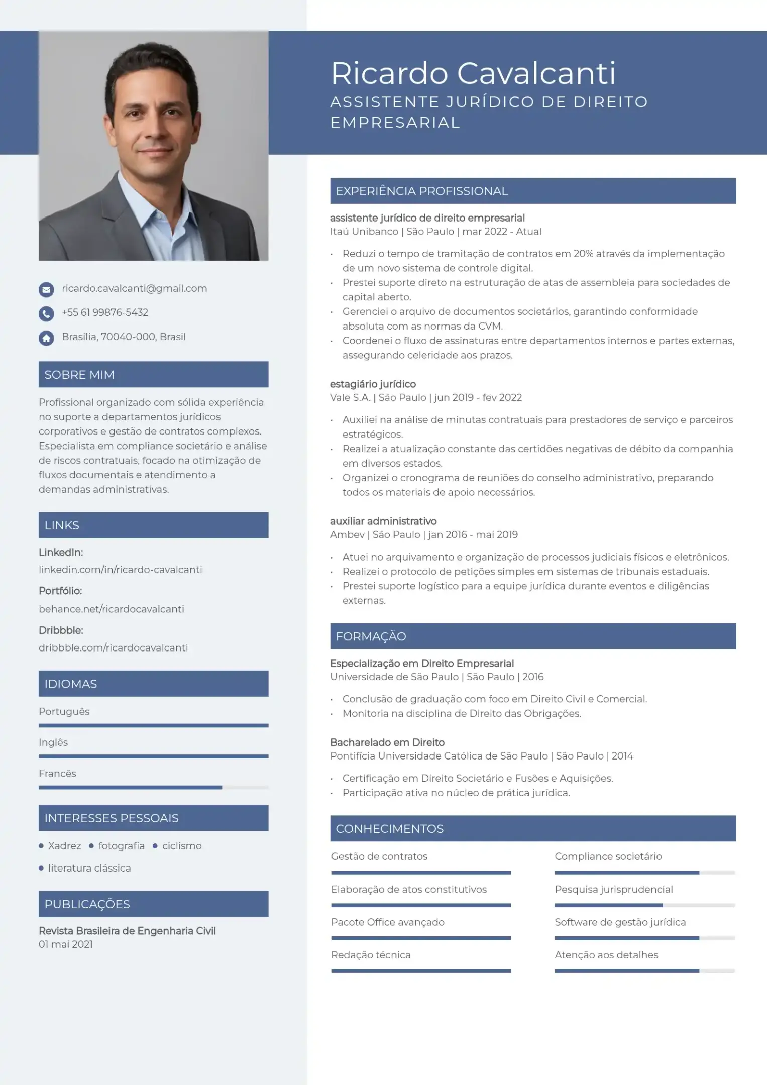 Modelo de currículo para assistente jurídico de direito empresarial