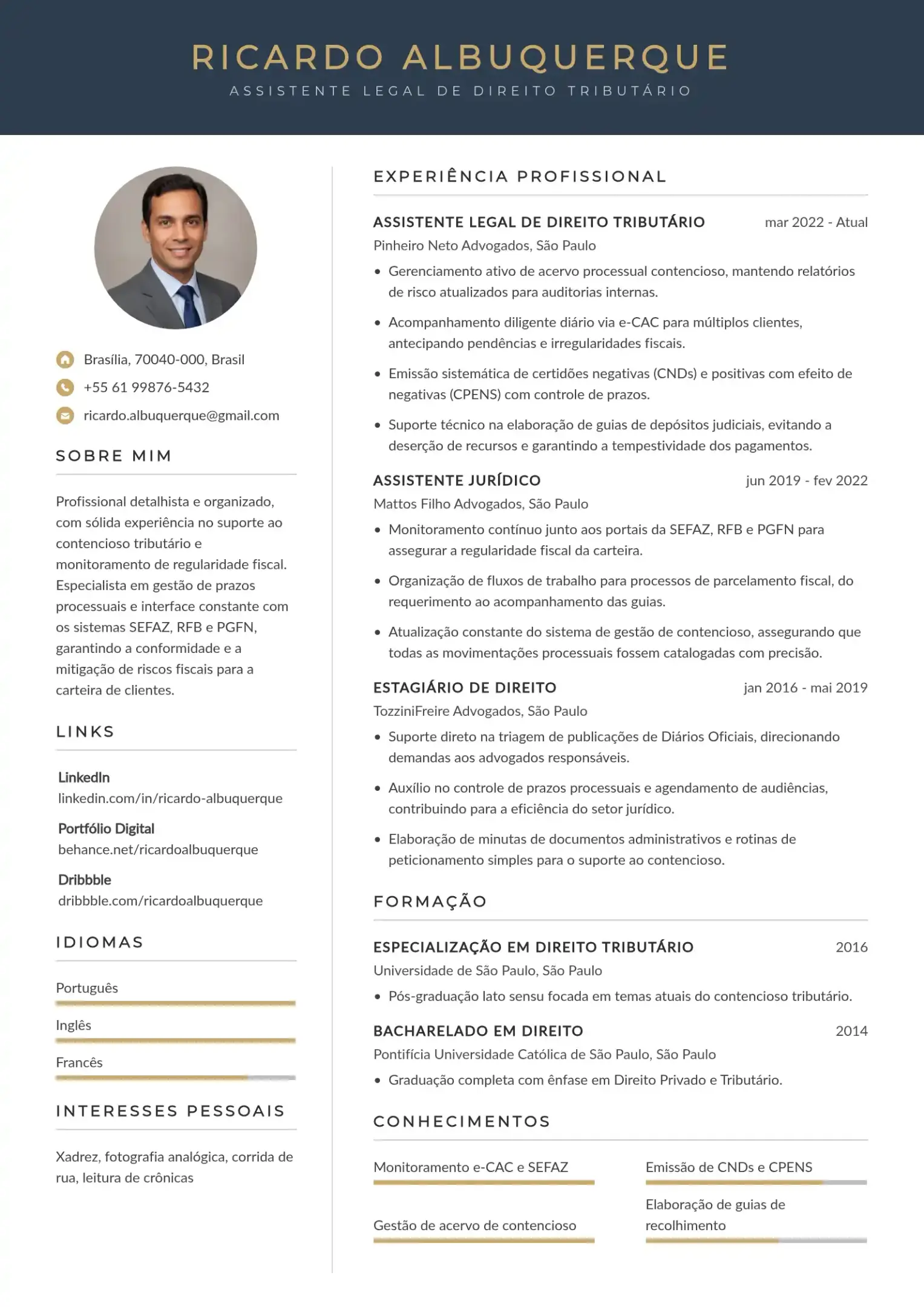 Exemplo de CV de assistente legal de direito tributário