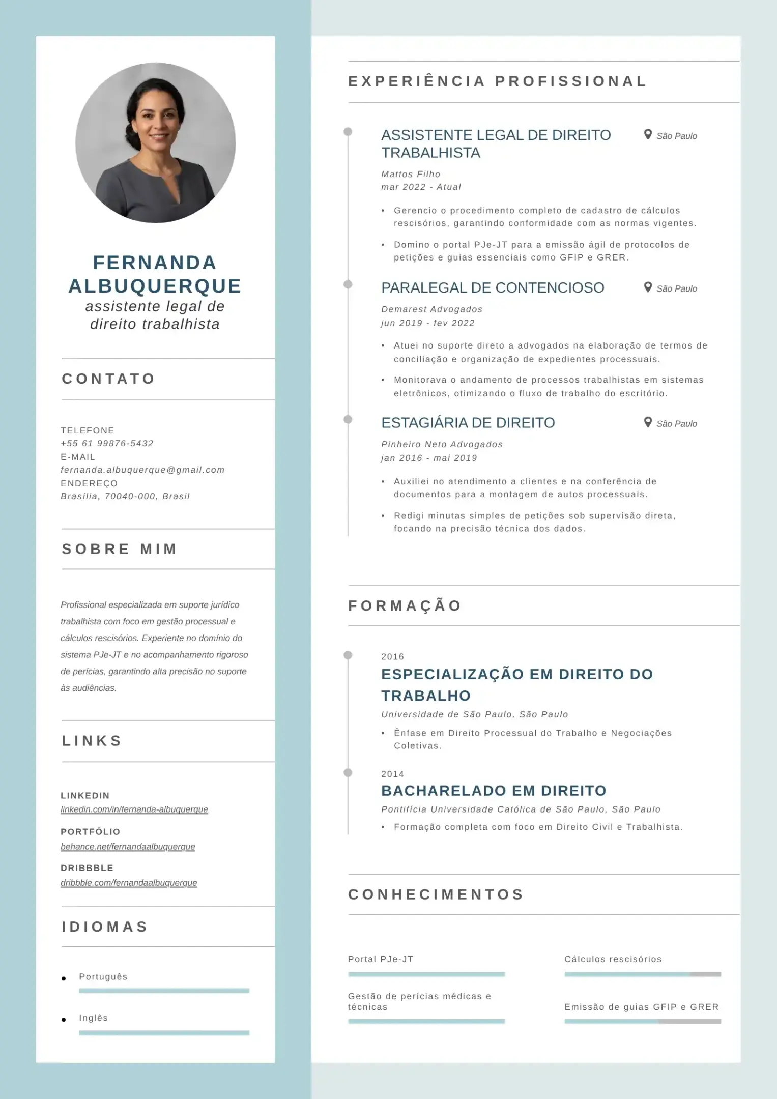 Exemplo de currículo de assistente legal de direito trabalhista