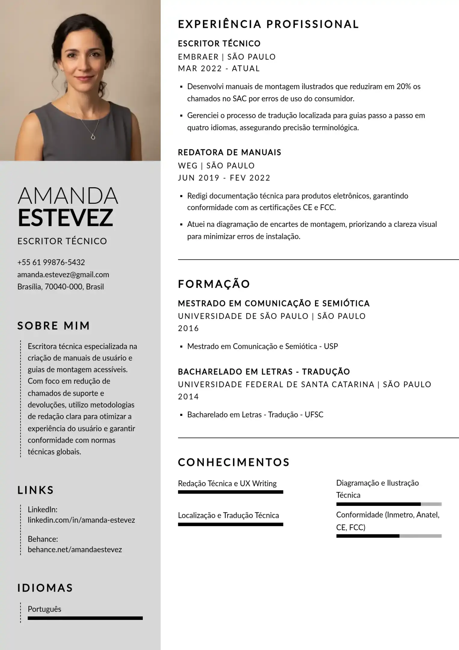 Exemplo de currículo de escritor técnico de manuais de instrução