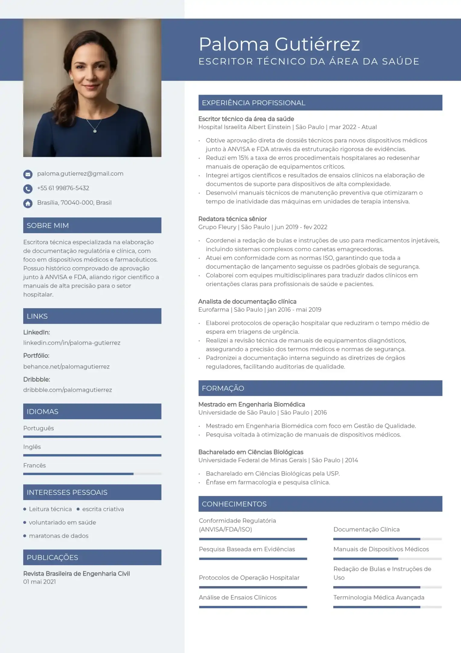 Modelo de CV de escritor técnico da área da saúde