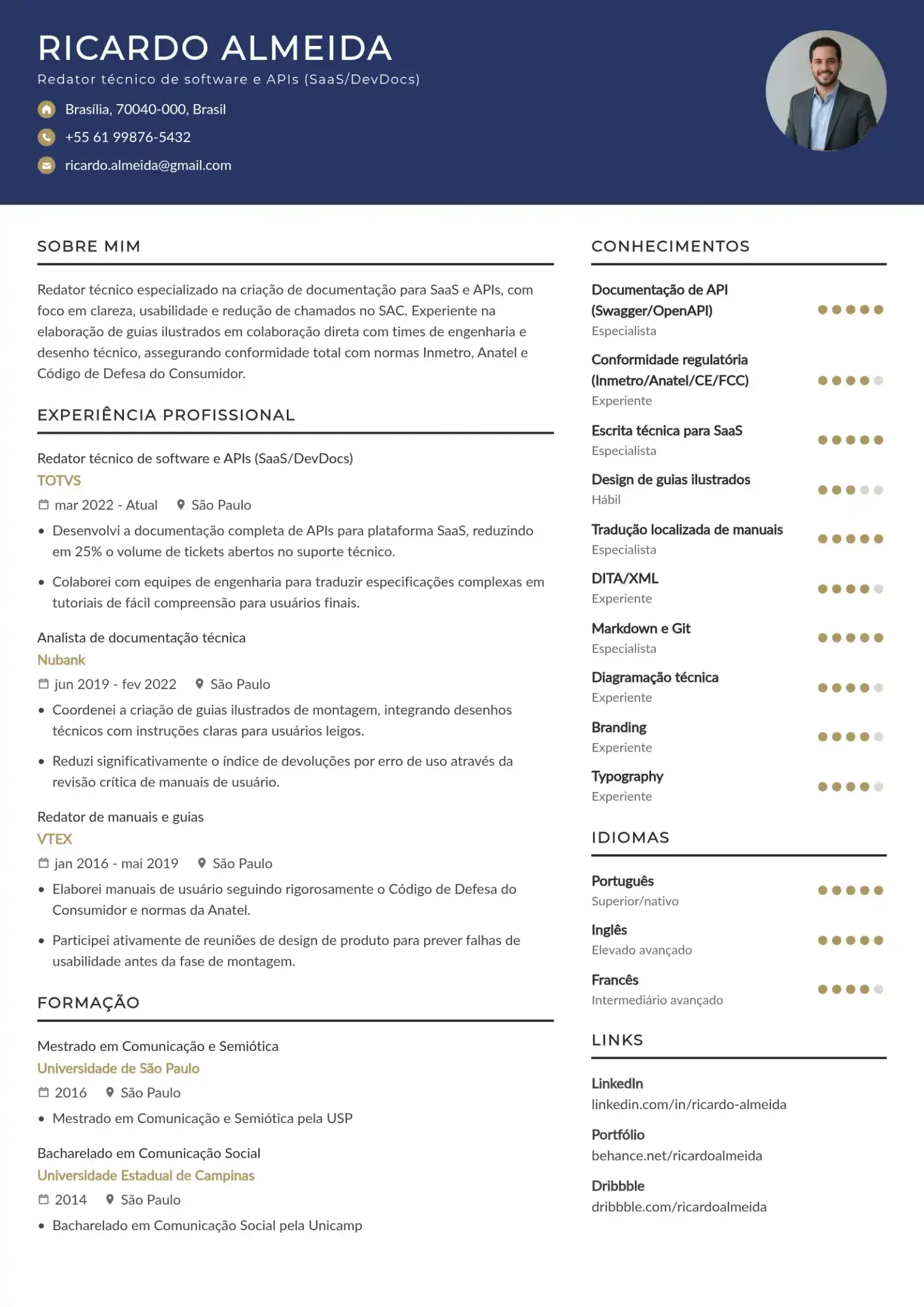Modelo de currículo de redator técnico de software e APIs