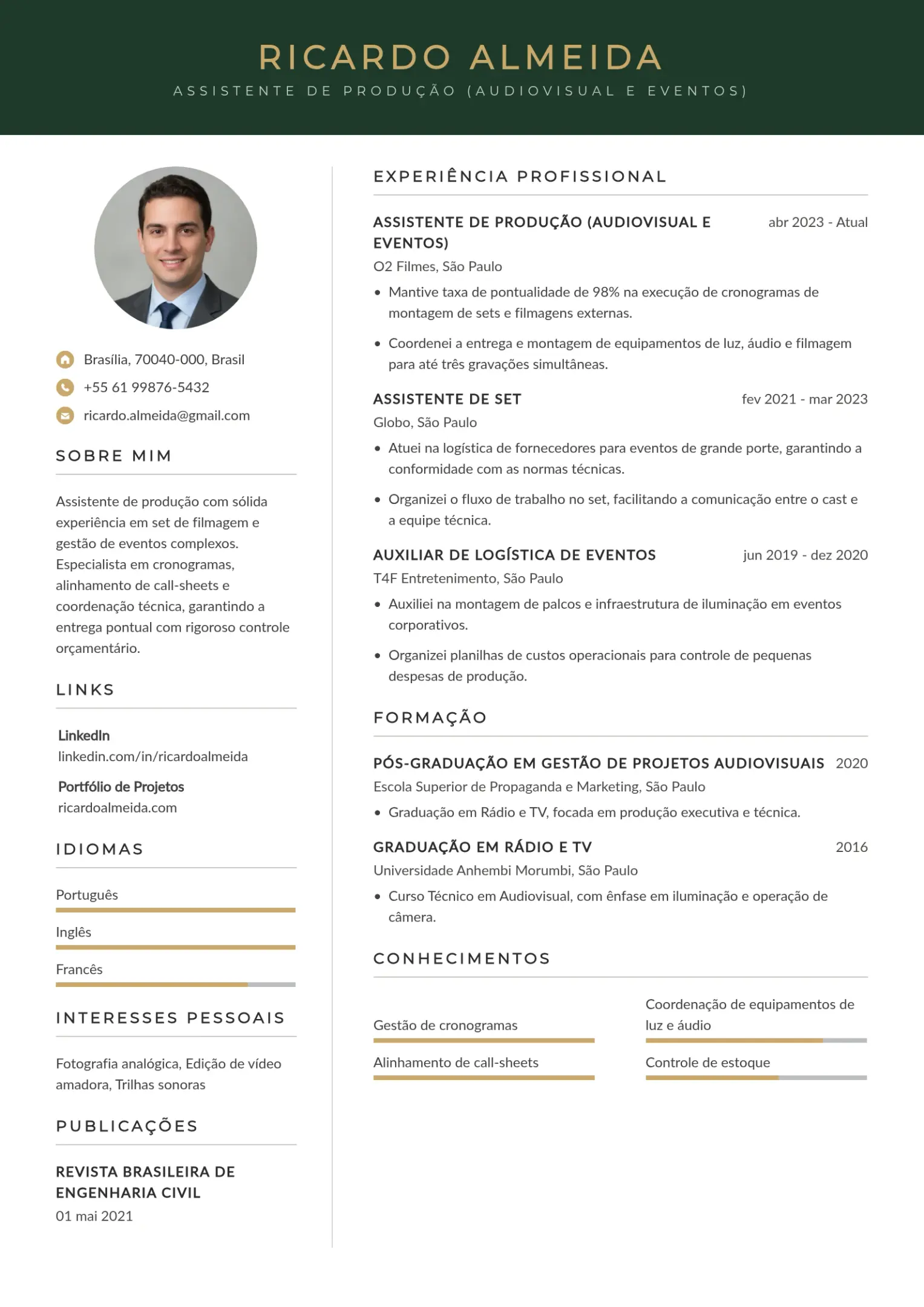 Modelo de currículo de assistente de produção audiovisual e eventos