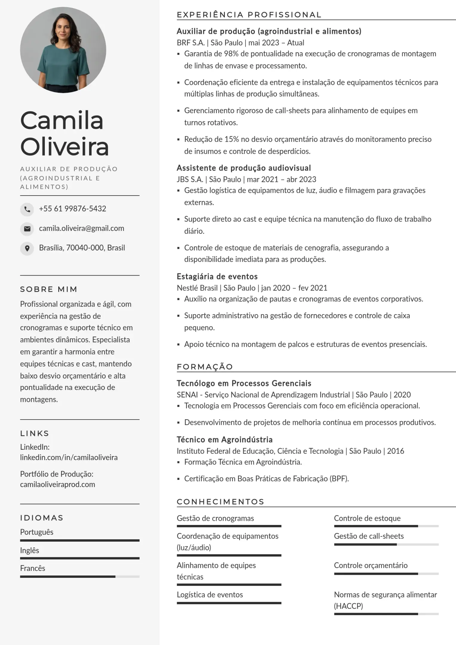 Exemplo de currículo de auxiliar de produção agroindustrial e alimentos