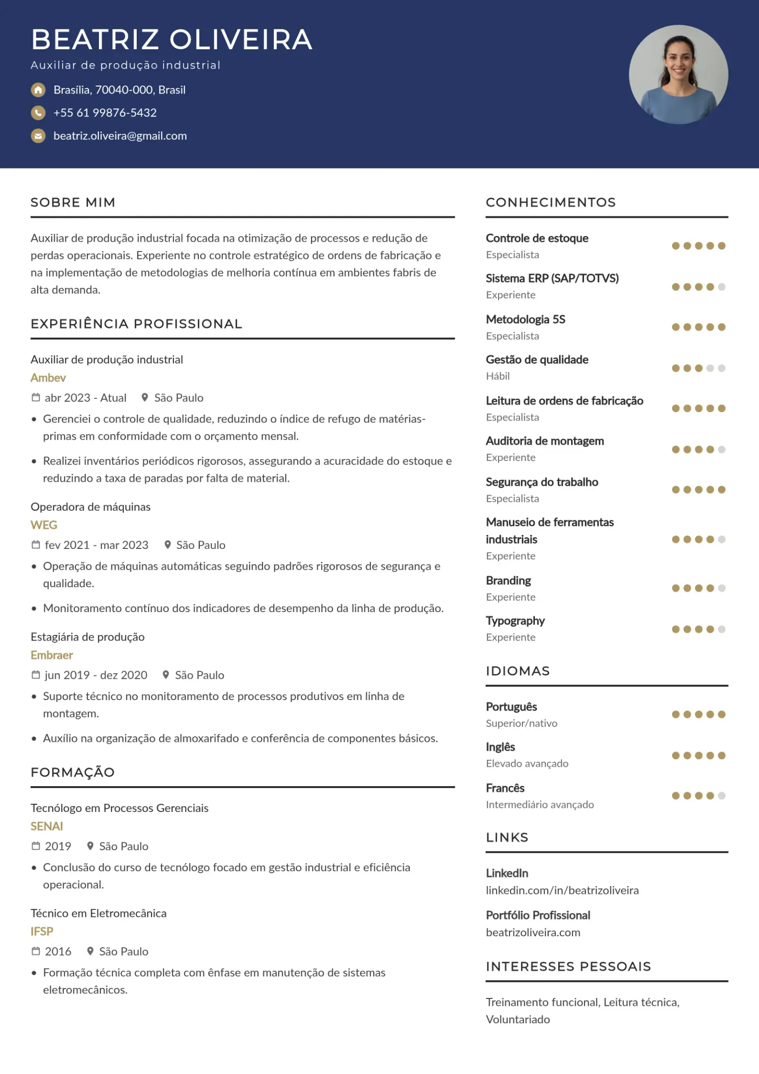 Modelo de currículo para auxiliar de produção industrial