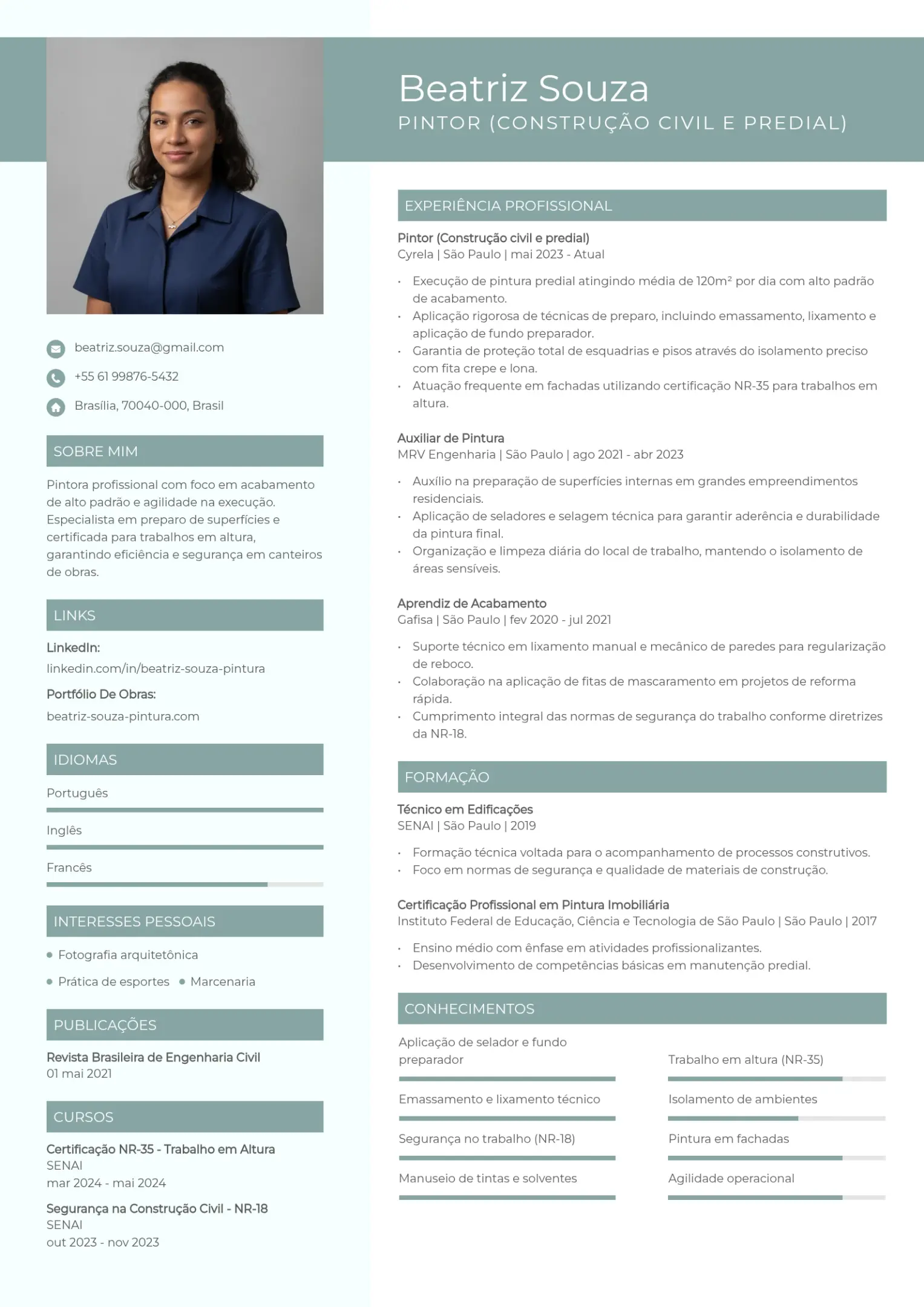 Modelo de CV de pintor da construção civil e predial