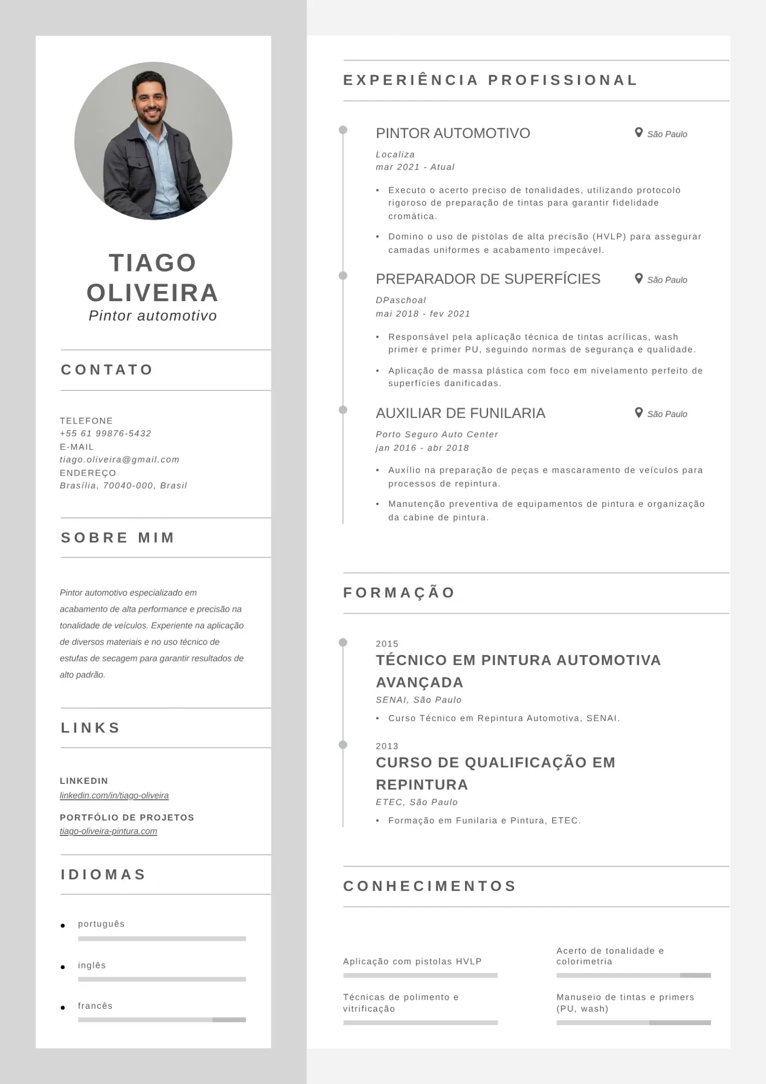 Modelo de CV de pintor automotivo