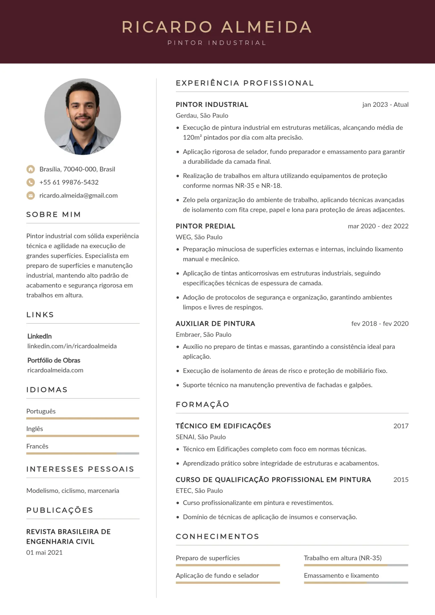 Exemplo de currículo de pintor industrial