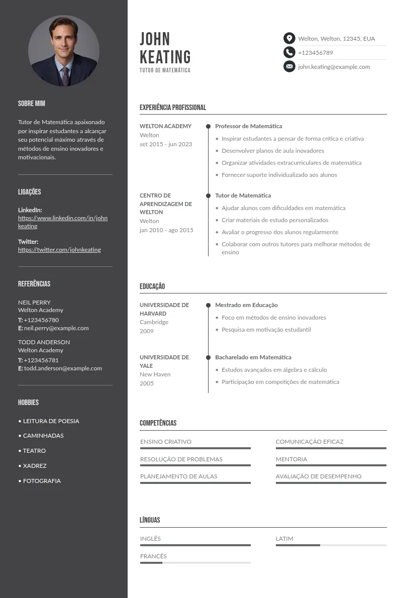 5 modelos grátis de CV de tutor de matemática