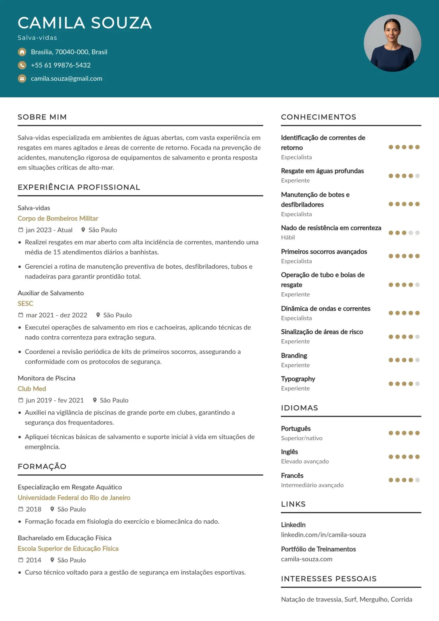 Exemplo de CV de salva-vidas de parque aquático e centros esportivos