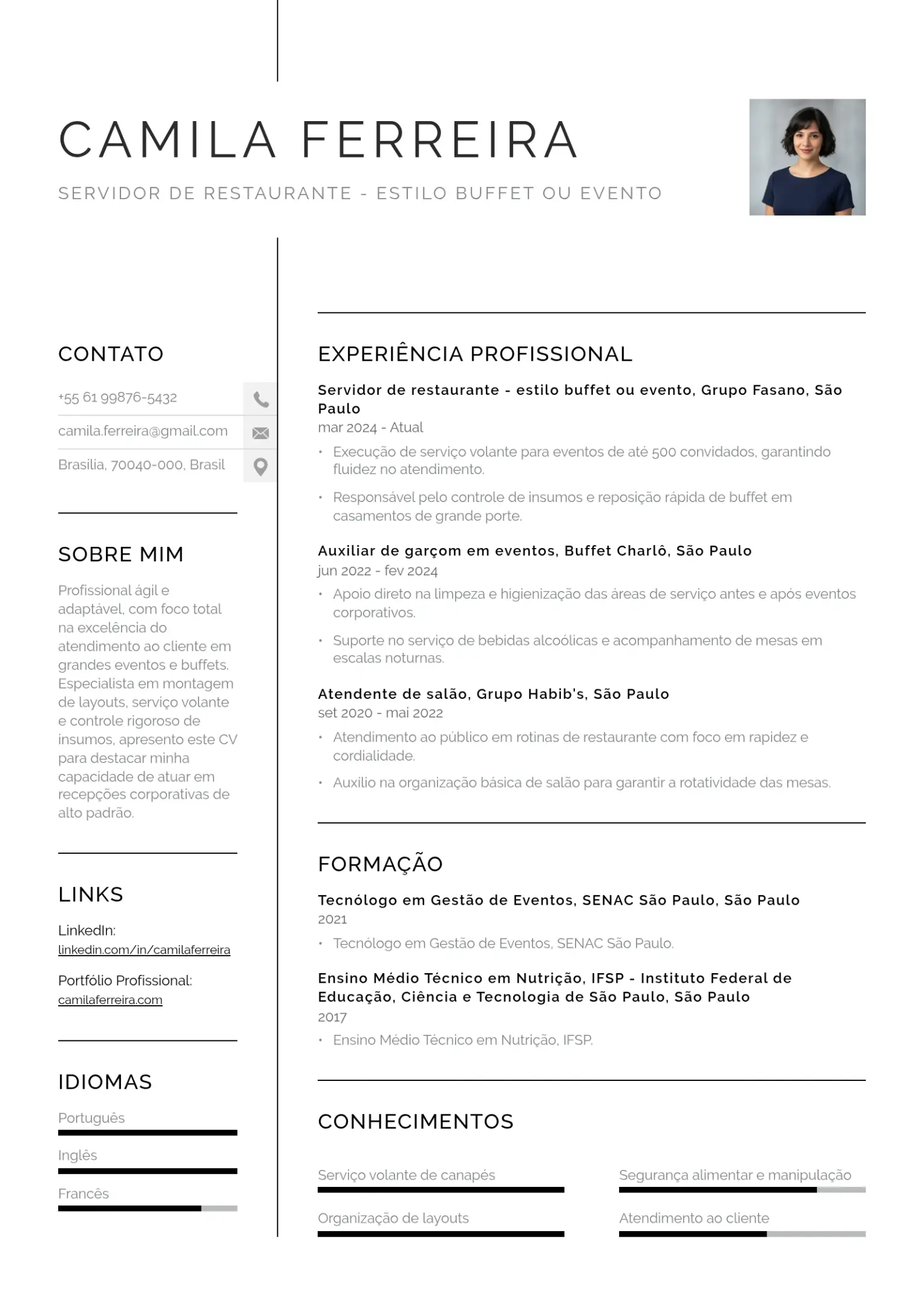 Modelo de CV de servidor de restaurante estilo buffet ou de eventos