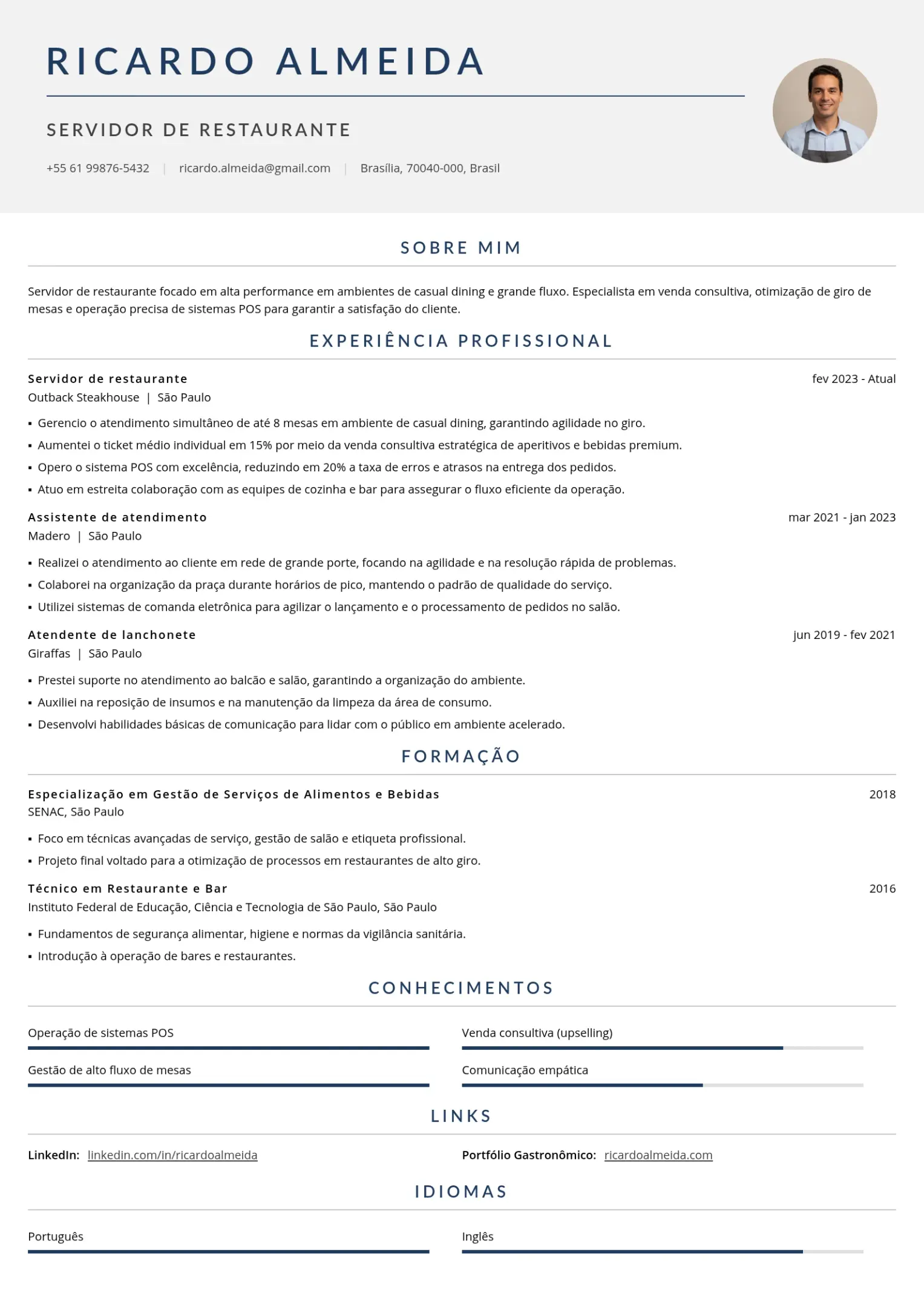 Exemplo de currículo de servidor de restaurante casual dining