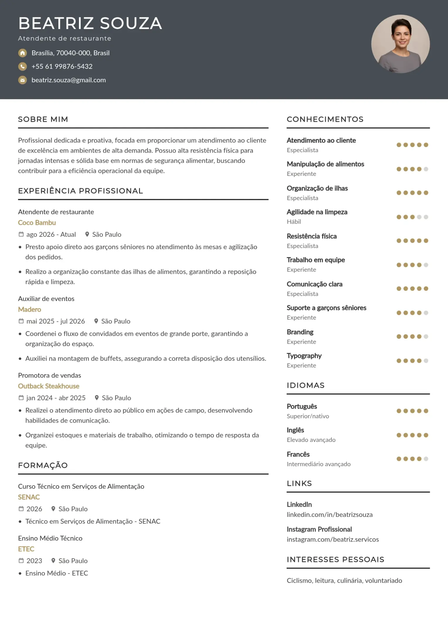 Exemplo de currículo de atendente de restaurante para primeiro emprego