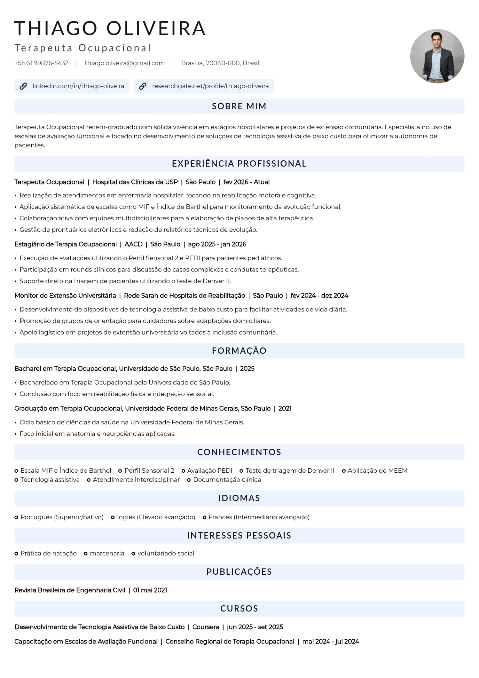 Exemplo de currículo de terapeuta ocupacional iniciante