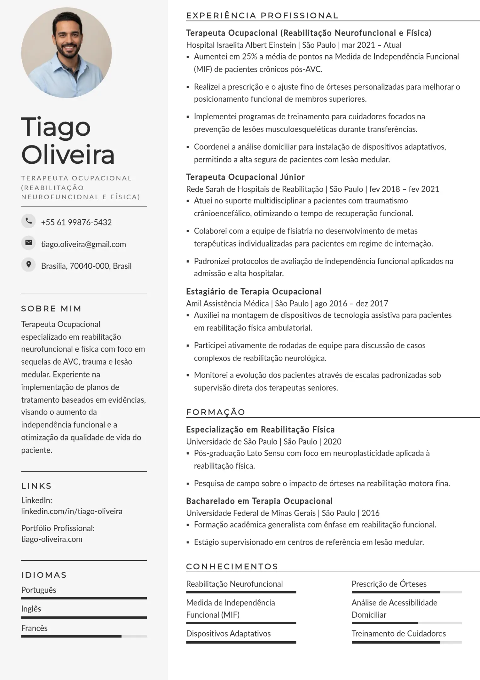 Exemplo de CV de terapia ocupacional especializado em reabilitação neurofuncional e física