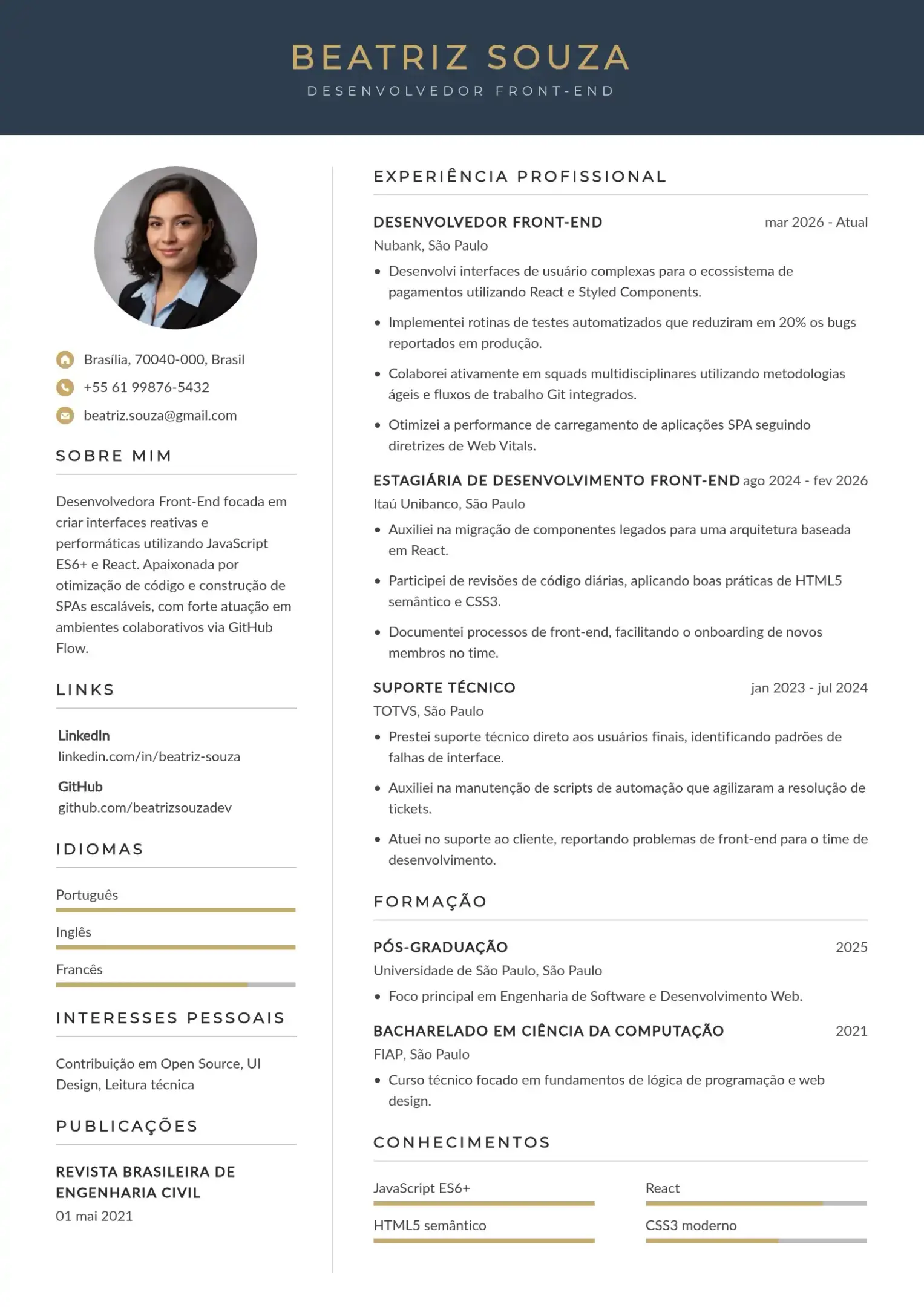 Modelo de CV de desenvolvedor front-end júnior
