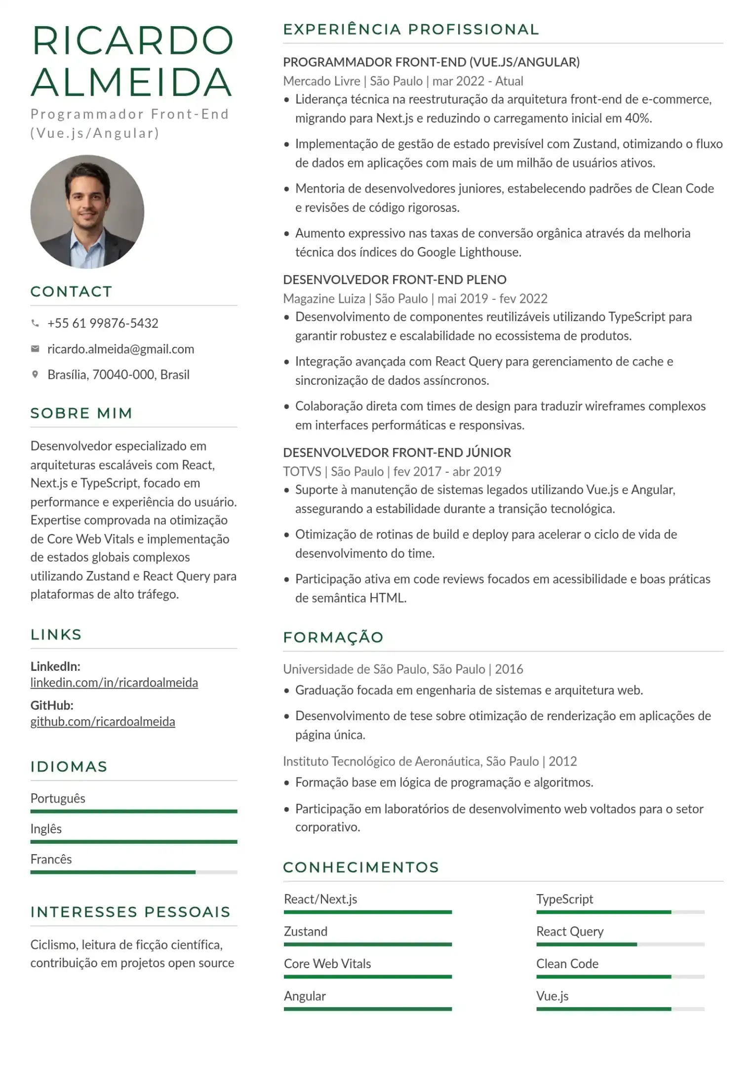 Modelo de currículo de programador front-end Vue.js/Angular