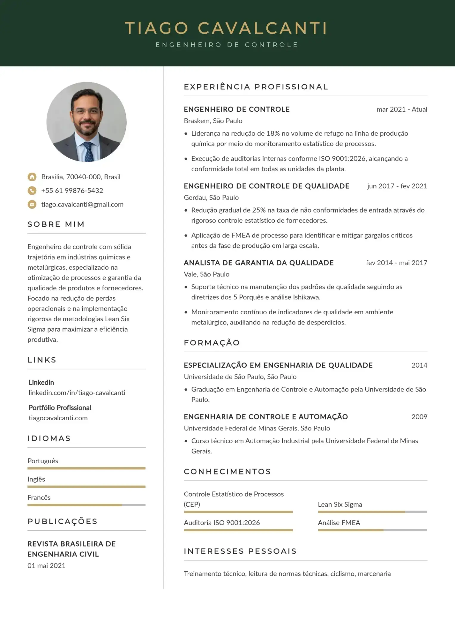 Modelo de currículo de engenheiro de controle de qualidade industrial
